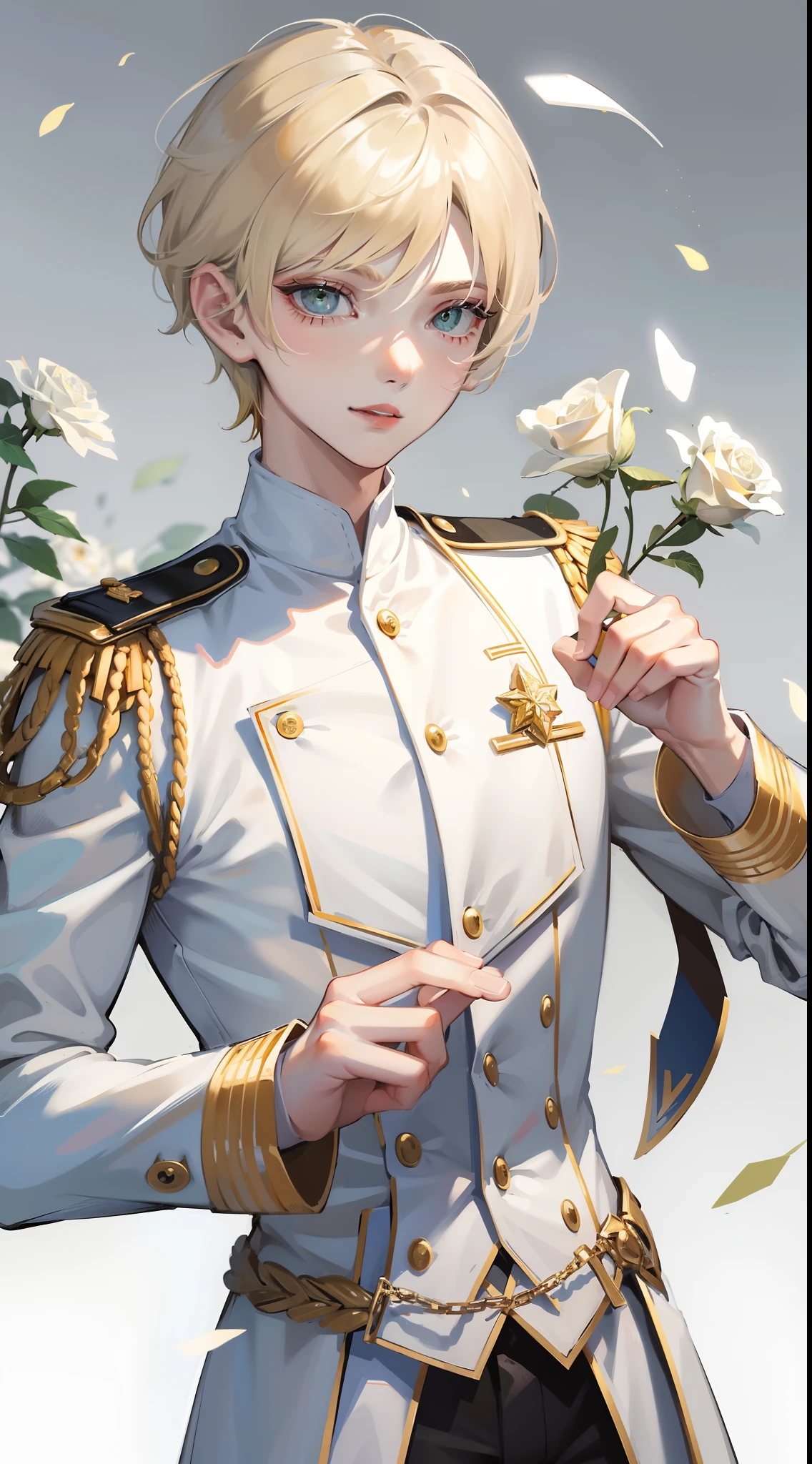 Young guy, short blonde hair with white strands, Green eyes, white officer's uniform, ssmile, White rose in hand, Crystal Rose, Masterpiece, hiquality