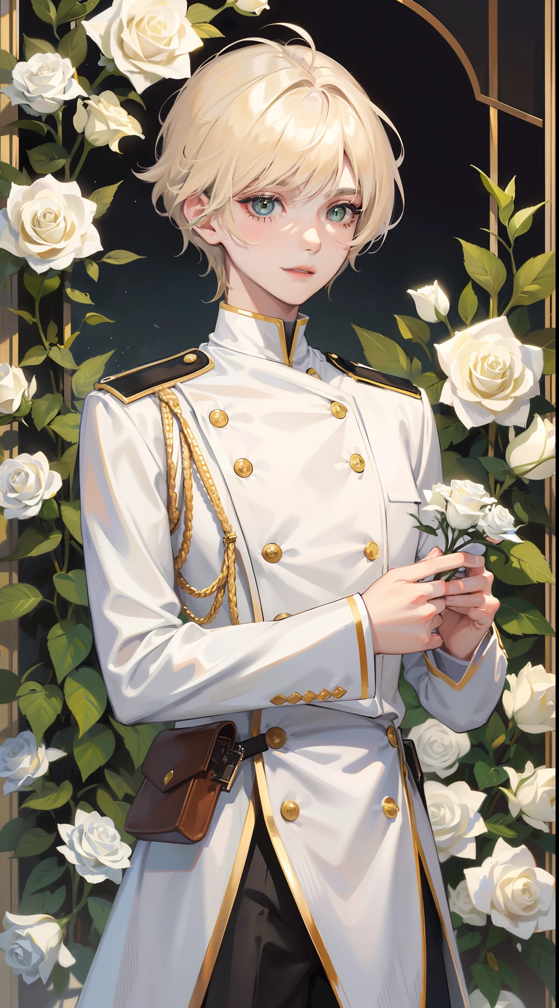 Young guy, short blonde hair with white strands, Green eyes, white officer's uniform, ssmile, White rose in hand, Crystal Rose, Masterpiece, hiquality