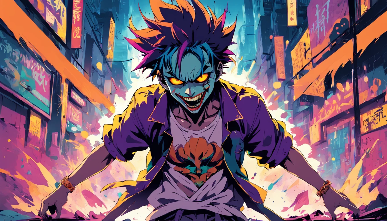 vector t-shirt art ready for print colorful graffiti illustration of a silhouette of joker, full body, action shot, vibrant color, high detail