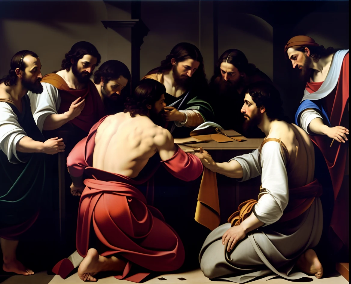 pintura de jesus ceando com os apostolos, estilo caravaggio, by Michelangelo Merisi da Caravaggio, Estilo de Caravaggio, Michelangelo da Caravaggio, Caravaggio e Artgerm, por caravaggio, Cidade de Bartolomeo, inspirado em Caravaggio, em estilo de caravaggio, Directed by: Bartolomeo Vivarini, Directed by: Giovanni Lanfranco