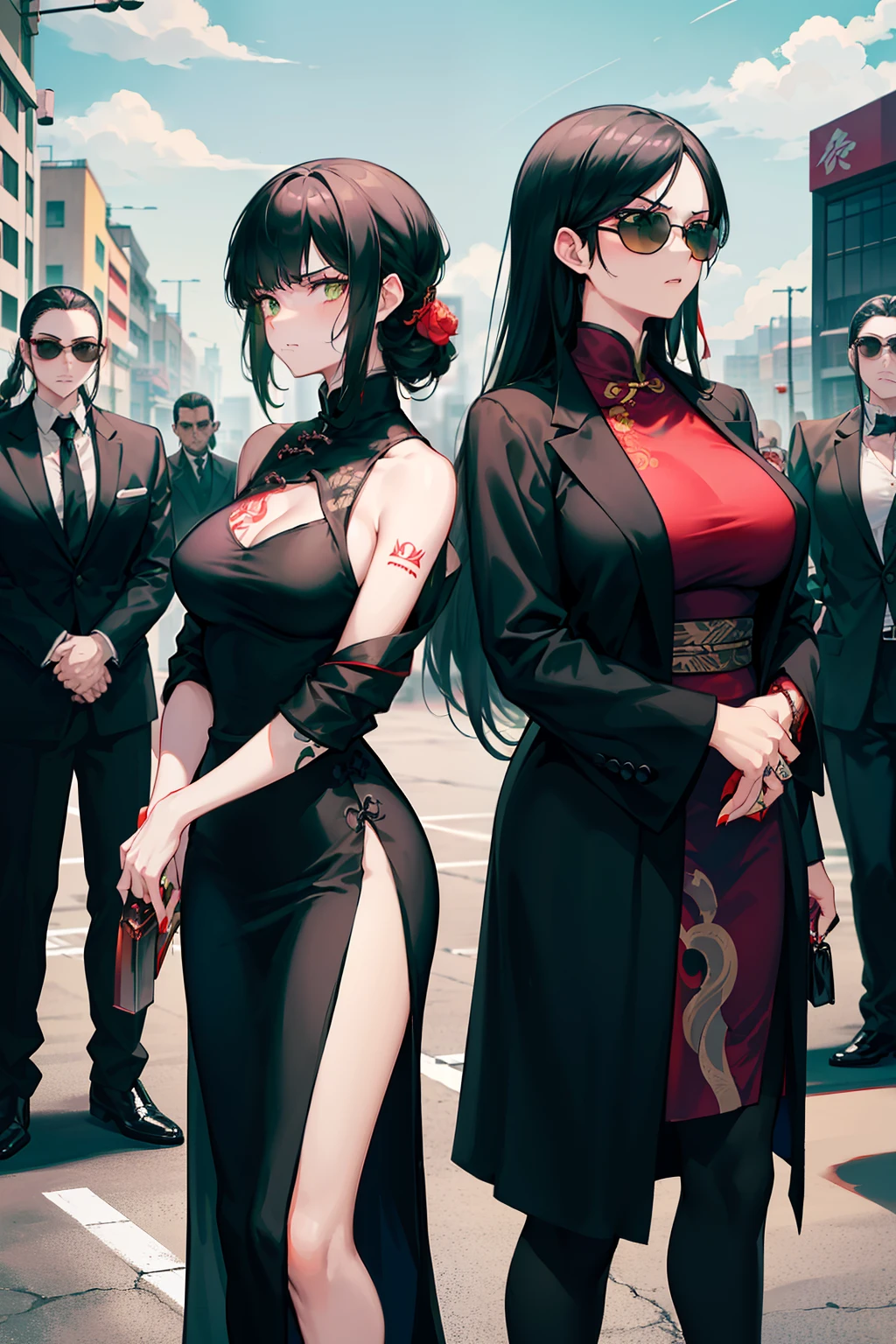 menacing and imposing mafia boss women with small breasts; (2 girls with straight black hair and green eyes standing back to back in black chinese dress with eastern tattoos; one girl wearing red sunglasses while the other does not); standing with a crowd of yakuza men, yakuza men in suits in a city