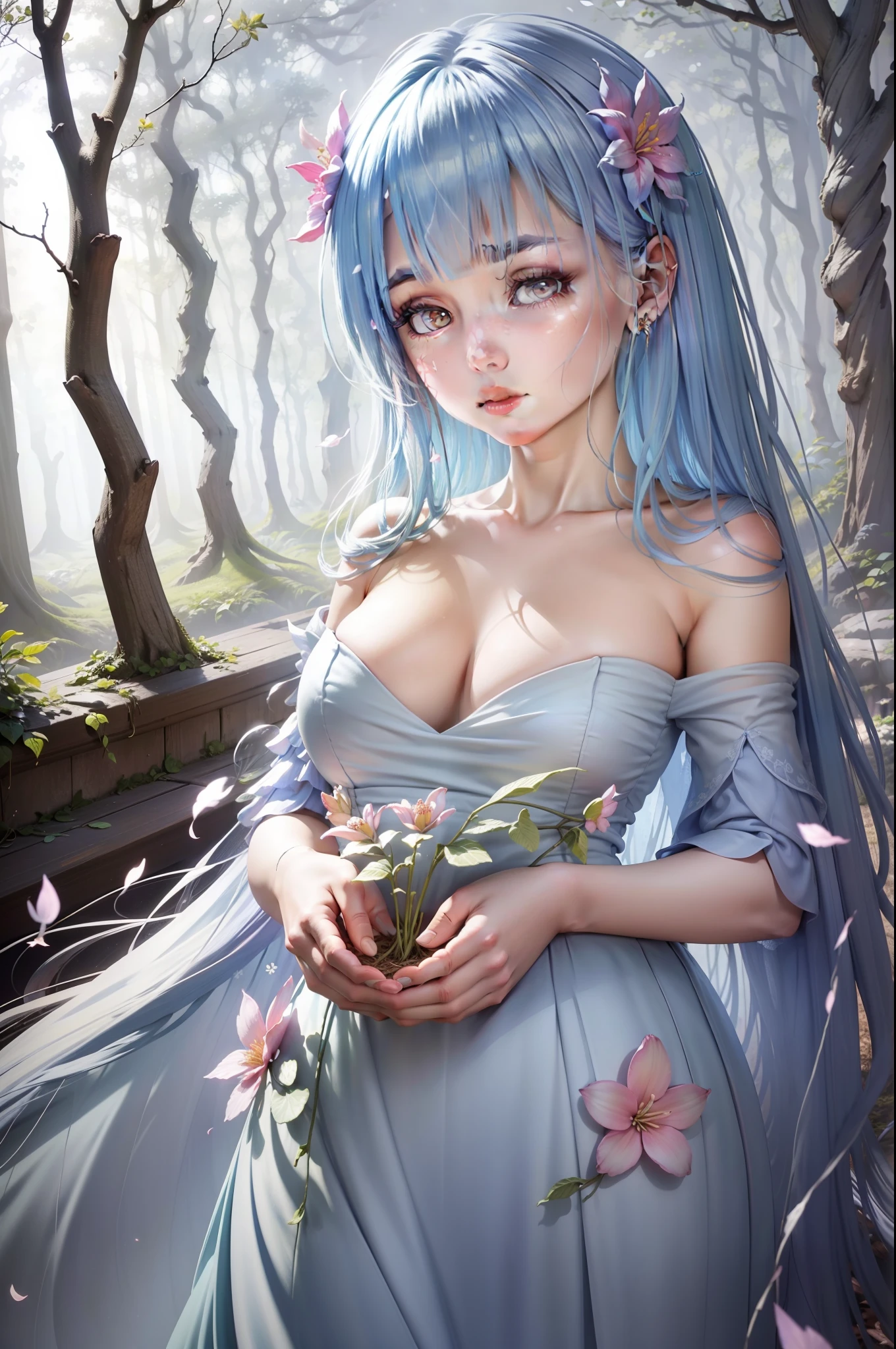 an enchanting image featuring a floral fairy as the central focus. Picture a whimsical woodland scene where vibrant blooms and lush greenery create a magical backdrop. The floral fairy, a delicate and ethereal being, hovers gracefully amidst the flowers, her gossamer wings shimmering in the dappled sunlight. She wears a gown woven from petals and leaves, adorned with intricate floral patterns that mirror her surroundings.