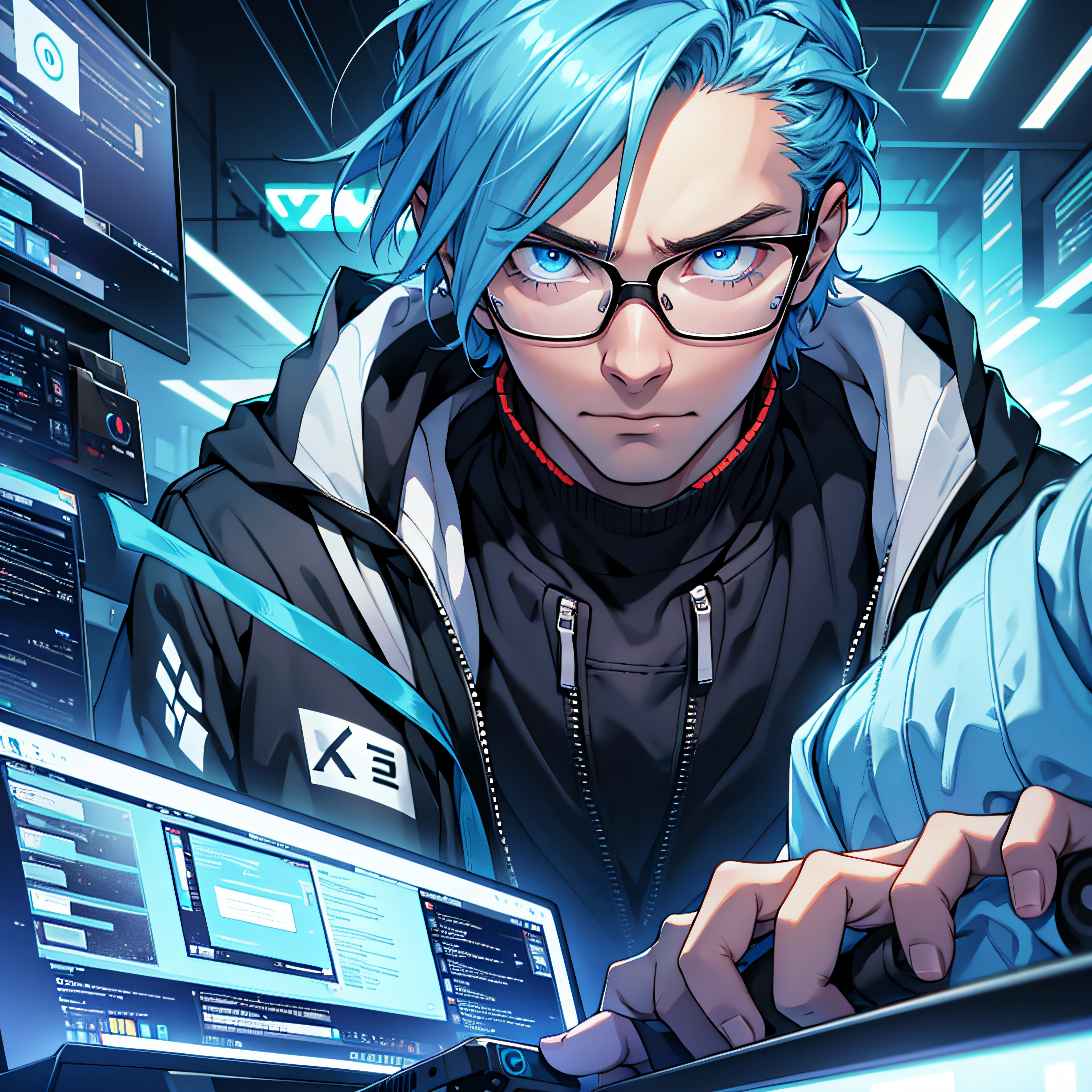 A hacker talking about cybersecurity, emosional, a young man, 27 years old, glasses, blue eyes, stunning arts, revenge.