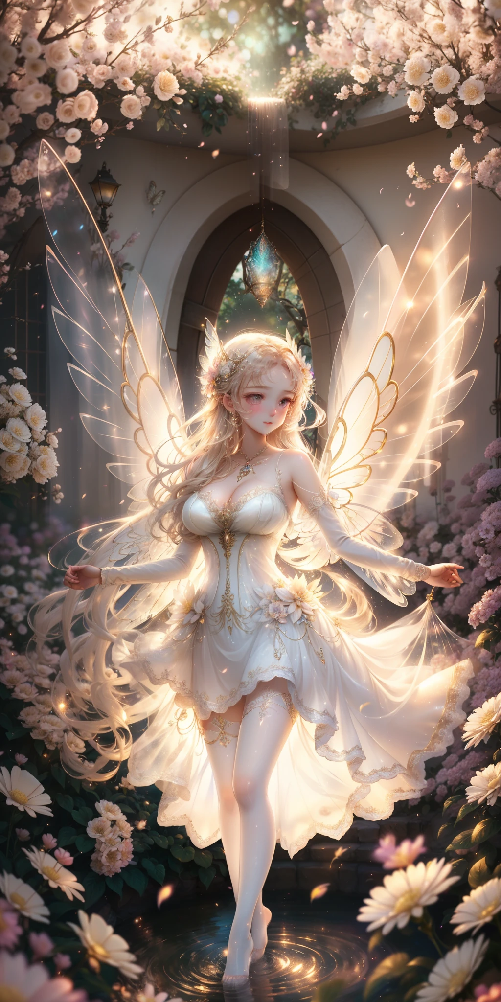 (best qualtiy, tmasterpiece, A high resolution, Glow, flood, Lens glare, wide angles), rays of sunshine, full bodyesbian, 1 The flower fairy flutters in the wind with her wand,Fly happily over the magical garden,surrounded by colorful flowers,She has glowing transparent wings,long whitr hair,Super delicate face, beauitful face, perfect hand, full face blush, (perfect eyes) Big breasts and big breasts ( long eyelasher: 1.4), Glowing pupils, (white stockings: 0.9),((Glowing transparent wings;1.4)), hentail realism, (highdetailskin: 1.2), 8K, Ultra HD, digital SLR camera, high high quality, Volumetriclighting, Frankness, A high resolution, 4K, 8K, in the background bokeh, Garden of dreams,Soft lighting, ( Bokeh),Transparent feather drop effect, spring flowers,