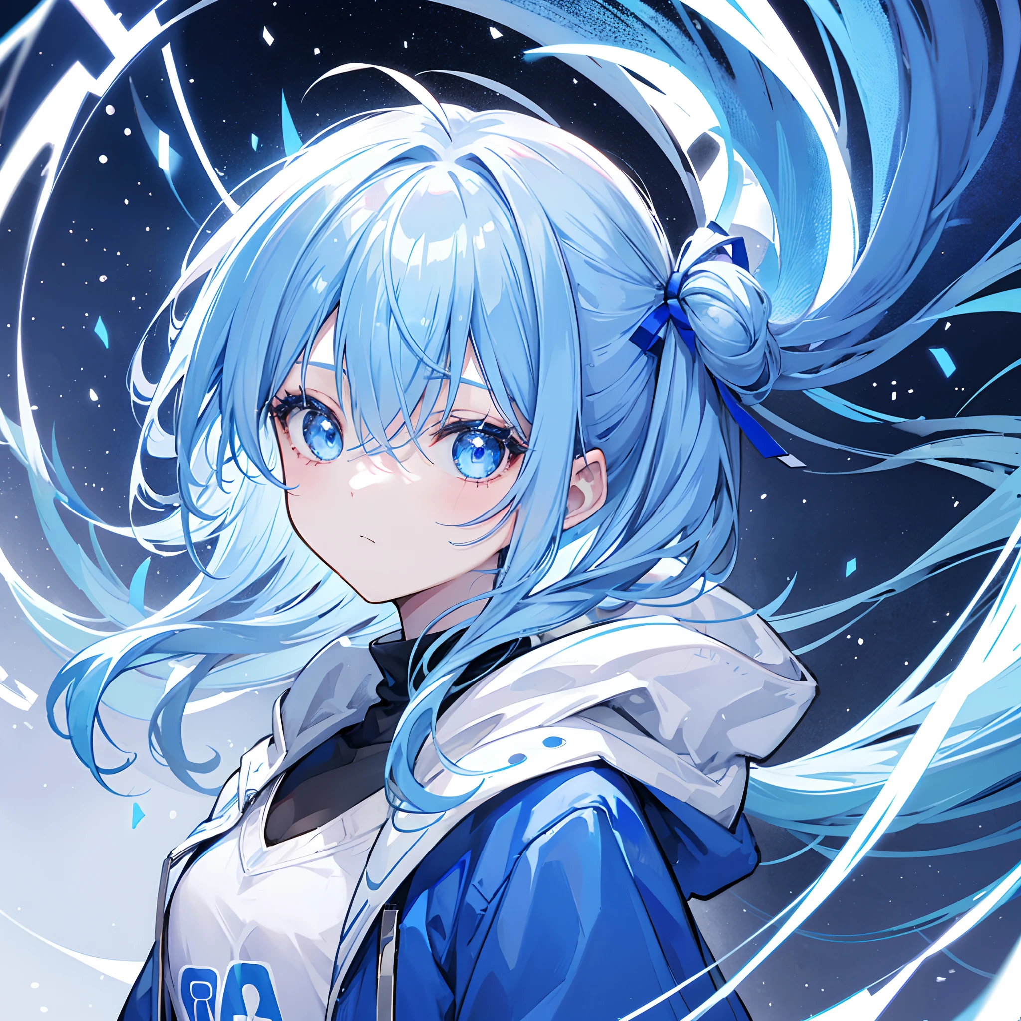 1girl, with light blue hair and blue eyes, wearing a hair ribbon and a blue and white hoodie. The scene is set in winter, with the girl looking directly at the viewer. This image can be used as a profile picture.