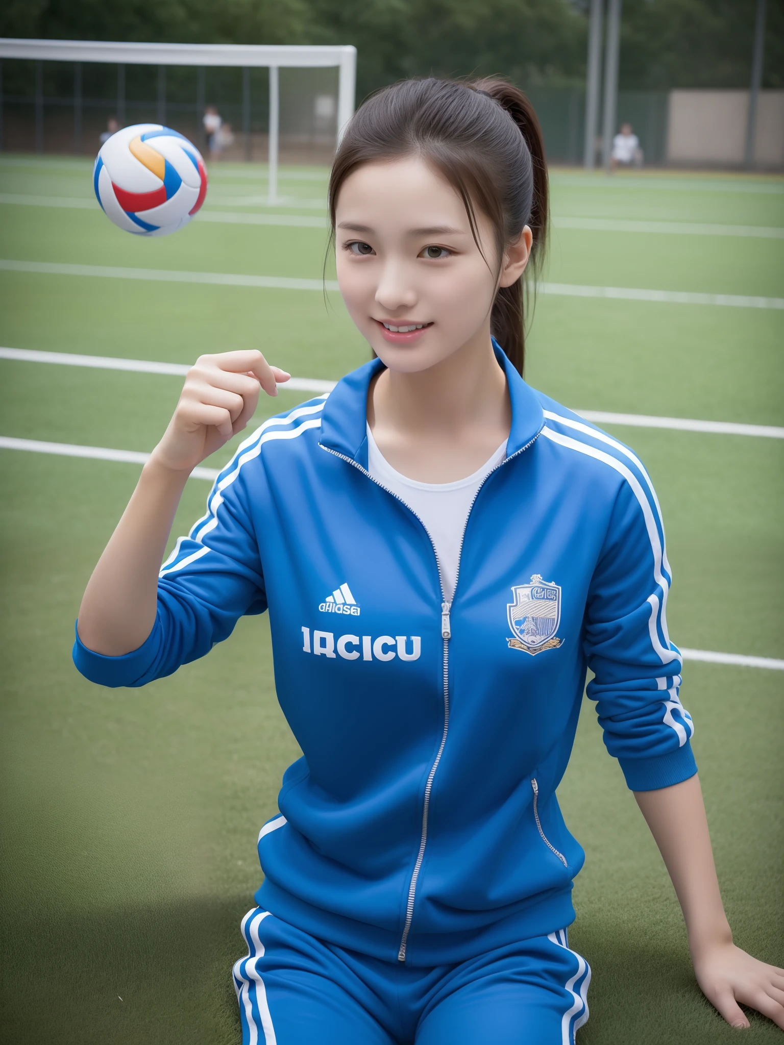 1 very beautiful female high school student，Wear blue and white tracksuits，Play volleyball on the school playground，Super high value，perfect body figure，Beautiful short ponytail，Delicate hair，Fair face and skin，There are beads of sweat hanging down，Have fun on the playground，Plump and huge，Chest hyperexcion，The tracksuit on the chest is high and bulging, Tightness and bulging，Delicate fair and soft toes，detailed finger，fully body photo