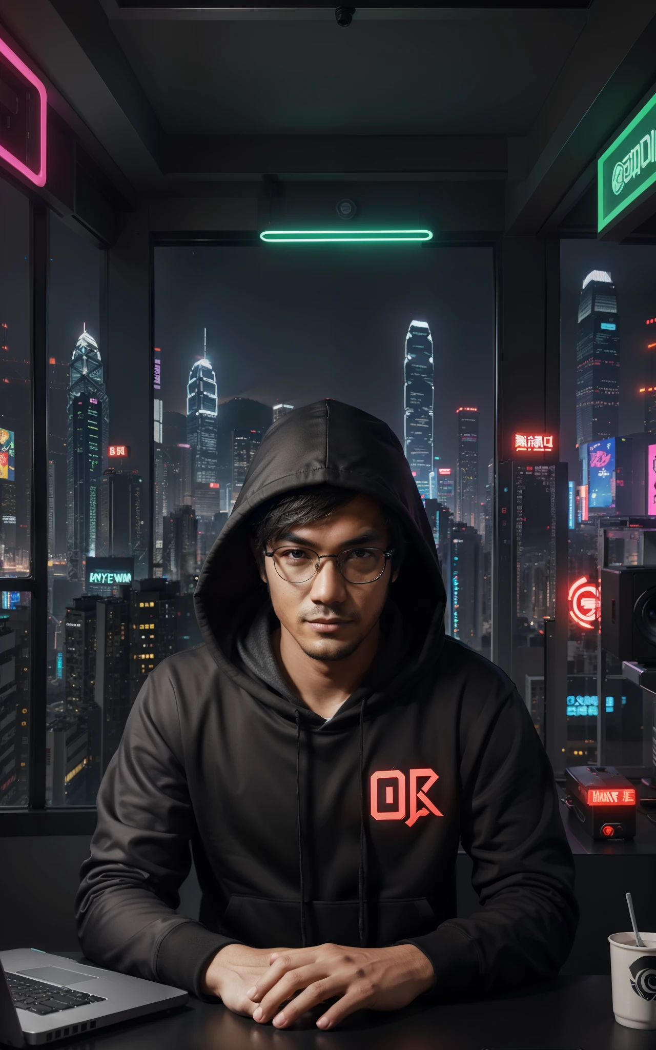 Create a tall 9:16 portrait style image. The upper half will feature additional illustrations related to gaming and technology.In the lower half, a stylish Hong Kong gammer sits behind his laptop in his studio during the night. He's wearing a dark-colored hoodie with the hood covering his head and black glasses. The studio lit by the soft glow of the neon theme, The gammer is looking straight into the camera. To his side, a professional microphone on a stand, ready to be used. The studio's decor is cyber punk, gaming style and neon theme, with a nighttime cityscape visible through a window, the glow of neon-themed buildings of Hong Kong against a dark night sky visible in the background. The overall ambiance of the image should convey a sense of dedication, creativity, and connection to AI technology. hyper realistic, highly detail, 4K