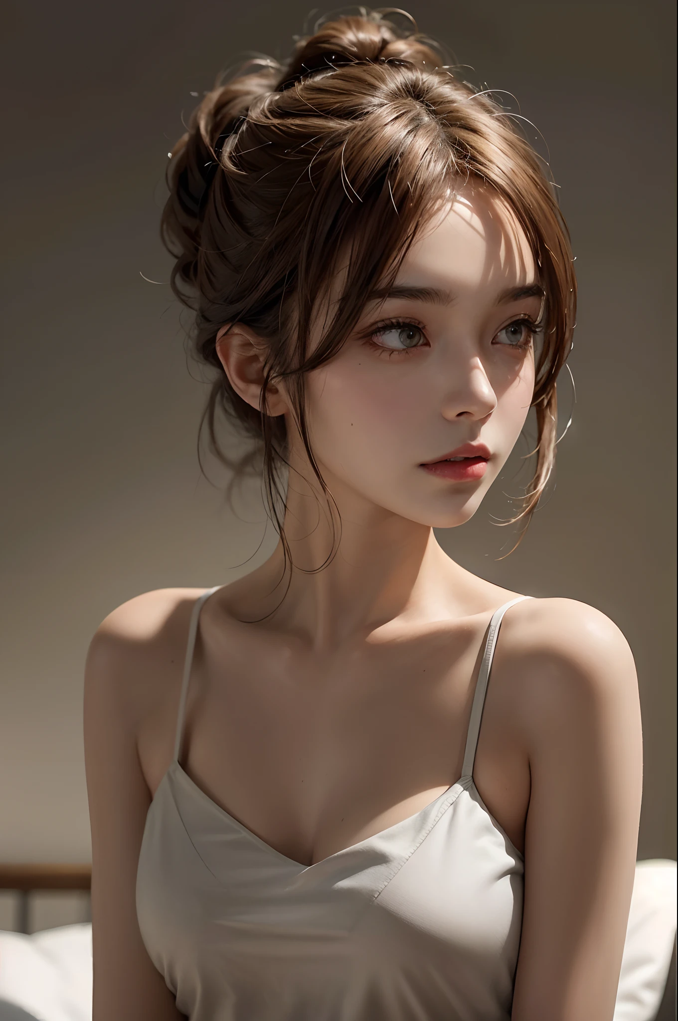 a 20 yo woman，Tan-haired girl，（High top fade in and out：1.3），dark themes，soothing tones，pastelcolor，hight contrast，（Natural skin texture，ultra-realistic realism，the soft light，sharp）