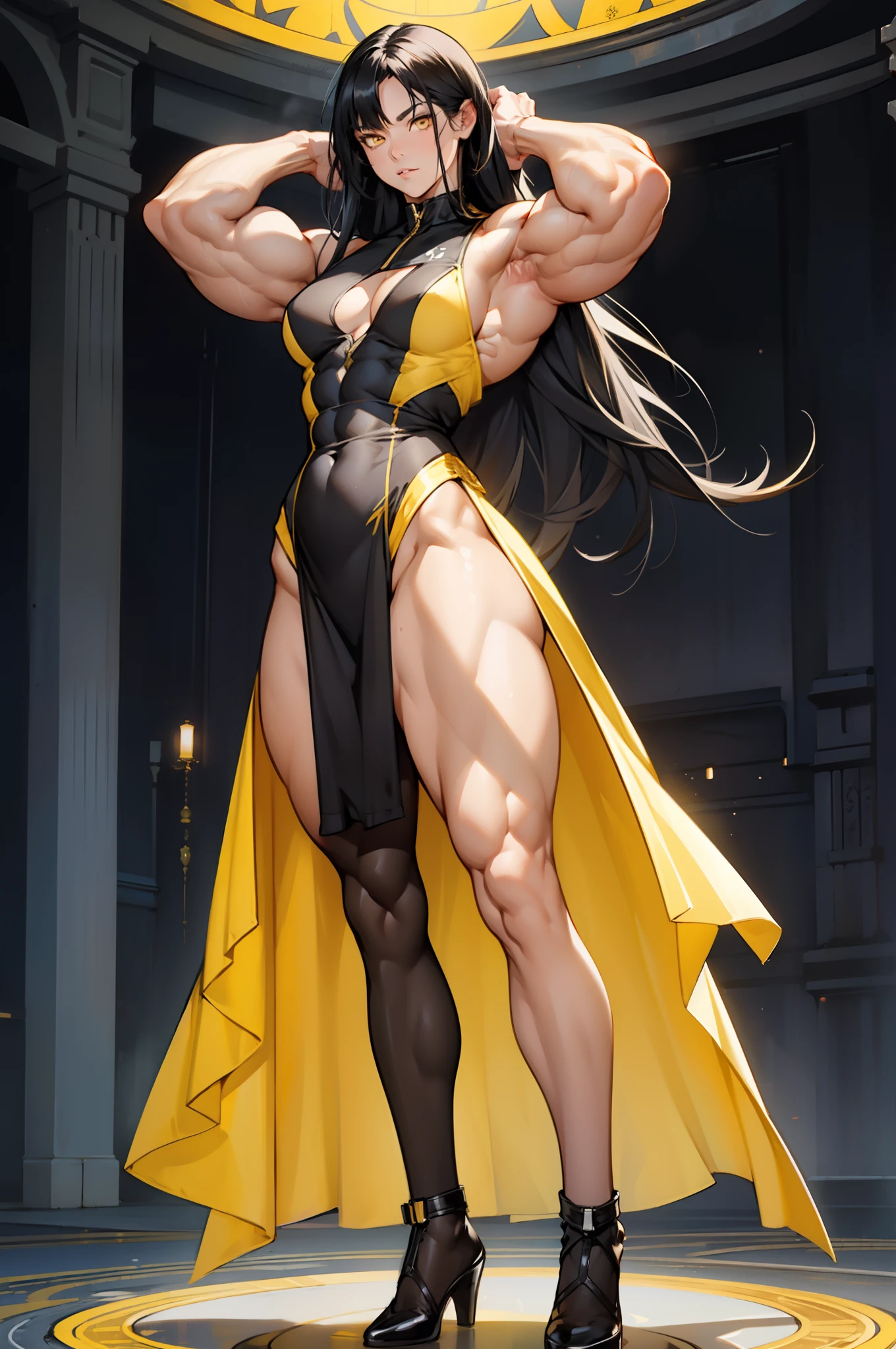 (((((1 girl))))), black hair, yellow eyes, very long hair, ((((((muscular)))))), tall, pale skin, tight dress, ((full body)), (solo), leotard, arms over head