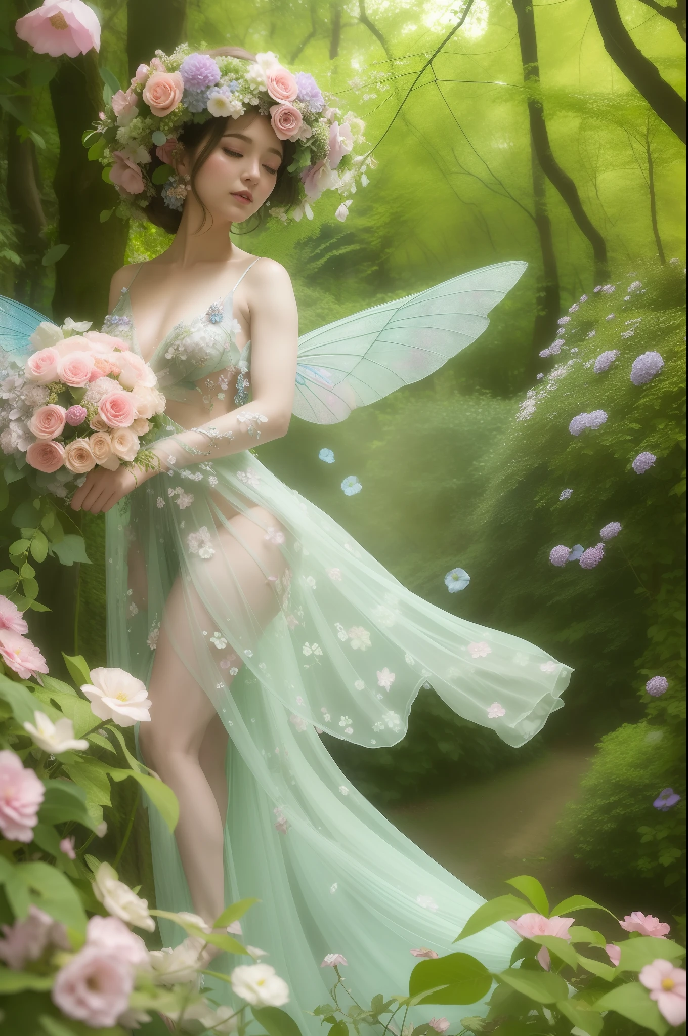 a floral fairy as the central at a whimsical woodland scene where vibrant blooms and lush greenery create a magical backdrop. The floral fairy, a delicate and ethereal being, hovers gracefully amidst the flowers, her gossamer wings shimmering in the dappled sunlight. She wears a gown woven from petals and leaves, adorned with intricate floral patterns that mirror her surroundings.
