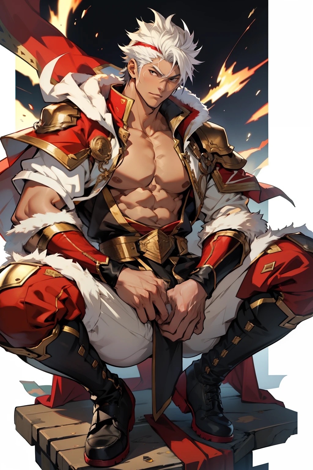 Highest image quality，male people，，1 boy，Young and handsome，shoun，White color hair，Short flat top hair，Dark  skin，anime big breast，anime wallpaper，Solo，malefocus，Briefs，Dilation of the pectoral muscles，Red cape，Bulging crotch，Urban background，spread their legs，Sexy,(Masterpiece, Best quality),Long white socks，Red Martin boots，