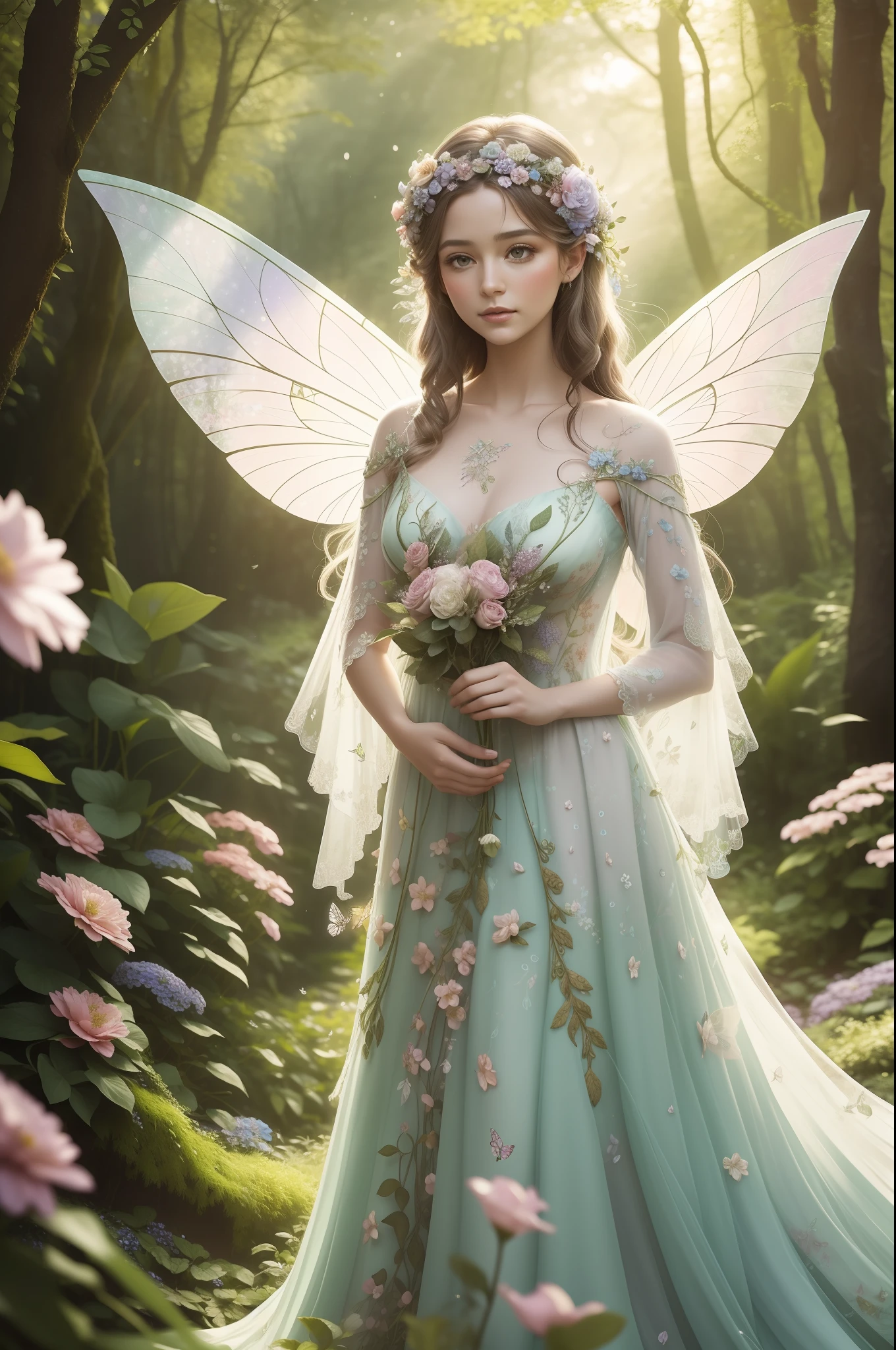 a floral fairy as the central at a whimsical woodland scene where vibrant blooms and lush greenery create a magical backdrop. The floral fairy, a delicate and ethereal being, hovers gracefully amidst the flowers, her gossamer wings shimmering in the dappled sunlight. She wears a gown woven from petals and leaves, adorned with intricate floral patterns that mirror her surroundings.