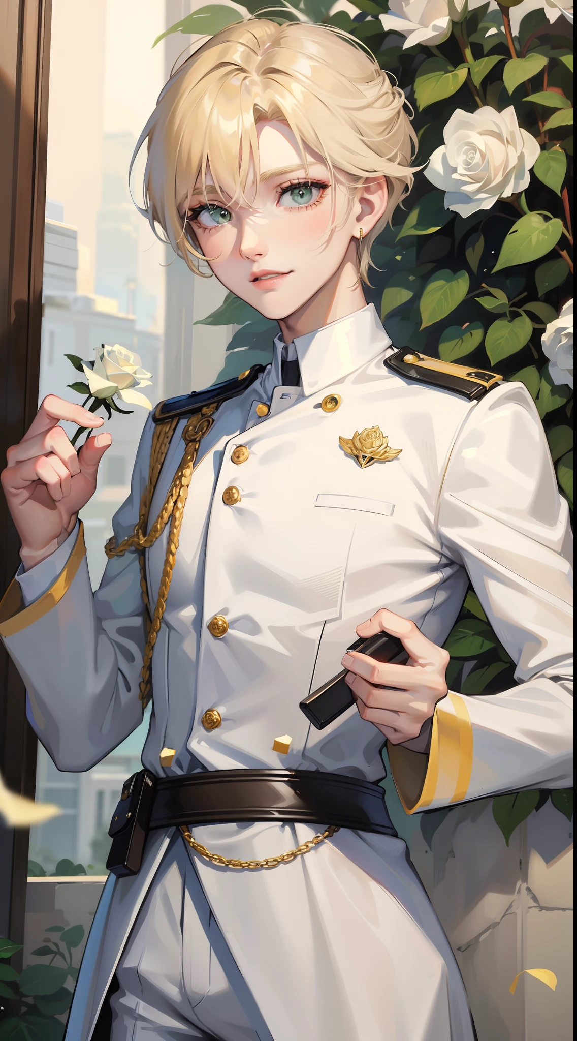 Young guy, short blonde hair with white strands, Green eyes, white officer's uniform, ssmile, White rose in hand, Crystal Rose, Masterpiece, hiquality