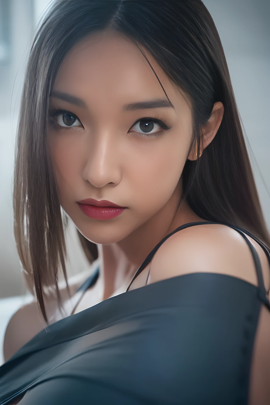 High quality, Shiny skin, (masutepiece:1.4), (8K, Photorealsitic, Raw photo, Best Quality: 1.4), japanes, (1girll), Beautiful face, (Realistic face:1.4), Beautiful hairstyle, Beautiful detailed eyes, (Best Ratio Eyes:1.5), Attractive, 超A high resolution, Ultra photo realsisim, Highly detailed, Optimal ratio, (Detailed face:1.4), view the viewer, red lipsticks, (Best Ratio Fingers:1.5), (Realistic blue eyes:1.2), ((High Proportion Realistic Breasts, Realistic medium breasts):1.4), (Closed mouth:1.5), Slender body, (with whole body visible:1.5), Portrait, Photography, Detailed skin, Realistic, Photorealsitic, Highly detailed, full length frame, High Detail RAW Color Art, Piercing, diffused soft lighting, Shallow depth of field, foco nítido, Cinematic lighting