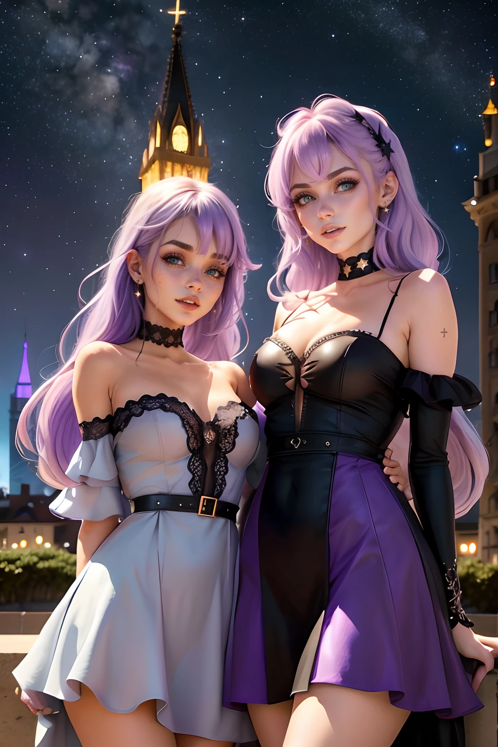 melhor qualidade, realista. 2 garotas de costas uma para a outra, a girl has lilac hair/roxo. A outra garota tem cabelos verdes. They are in front of a tower, night and starry sky