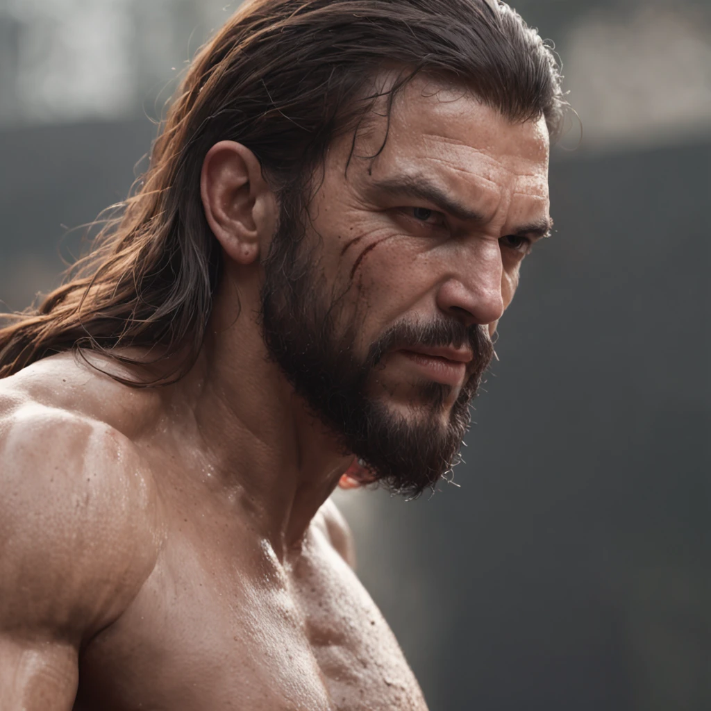 (Professional 3D rendering:1.3) de (Realistic:1.3) Foto de arte mais bonita do mundo，Features soft, bright male heroes, ((Epic hero fantasy rough muscular man wet hero angry look long hair short beard and fierce expression in dynamic pose, fantastic location, majestoso ambiente desordenado)), corpo inteiro 8k unidade render, action shot, poros da pele, very dark lighting, sombreamento pesado, circunstanciado, Rosto detalhado, (vibrante, fotogrdeia realista, Realistic, Dramatic, Escuro, foco nítido, 8k), (Old leather clothes damaged by bad weather:1.4), ((((Use peles)))), (intrincado:1.4), decadente, (altamente detalhado:1.4), pintura digital, rendering by octane, art stations, Conceito-Arte, liso, foco nítido, illustration, germe da arte, (Loish:0.23), Wlop Ilya Kuvshinov, e Greg Rutkowski e Alphonse Mucha Gracias, (global ilumination, studiolight, Light Volumetric), chuva forte, floating particles, patife, fantasia, Onze, corpo inteiroesbian, ((Fundo escuro e antigo da cidade:1.3)),CGSesociedade,art stations