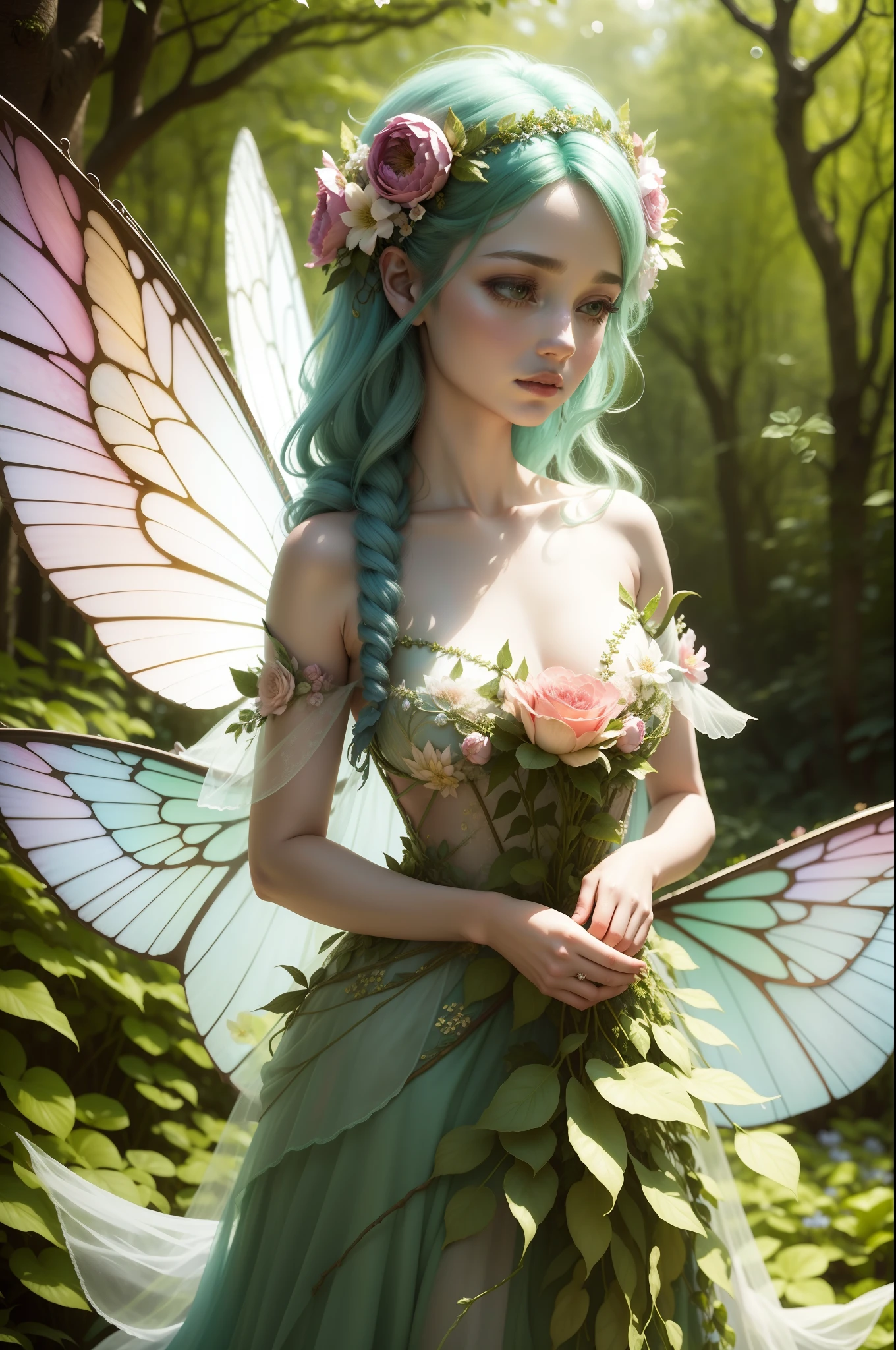 a floral fairy as the central at a whimsical woodland scene where vibrant blooms and lush greenery create a magical backdrop. The floral fairy, a delicate and ethereal being, hovers gracefully amidst the flowers, her gossamer wings shimmering in the dappled sunlight. She wears a gown woven from petals and leaves, adorned with intricate floral patterns that mirror her surroundings.