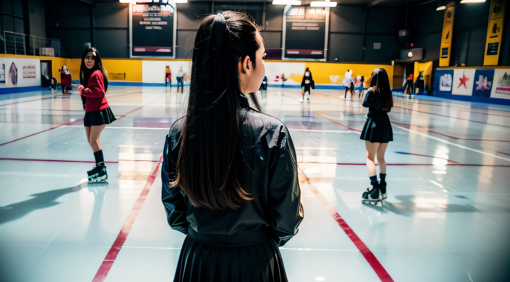 best qualtiy,Heads-up,A half body,Back shadow,schoolgirls,Black hair,Ice rink in the background