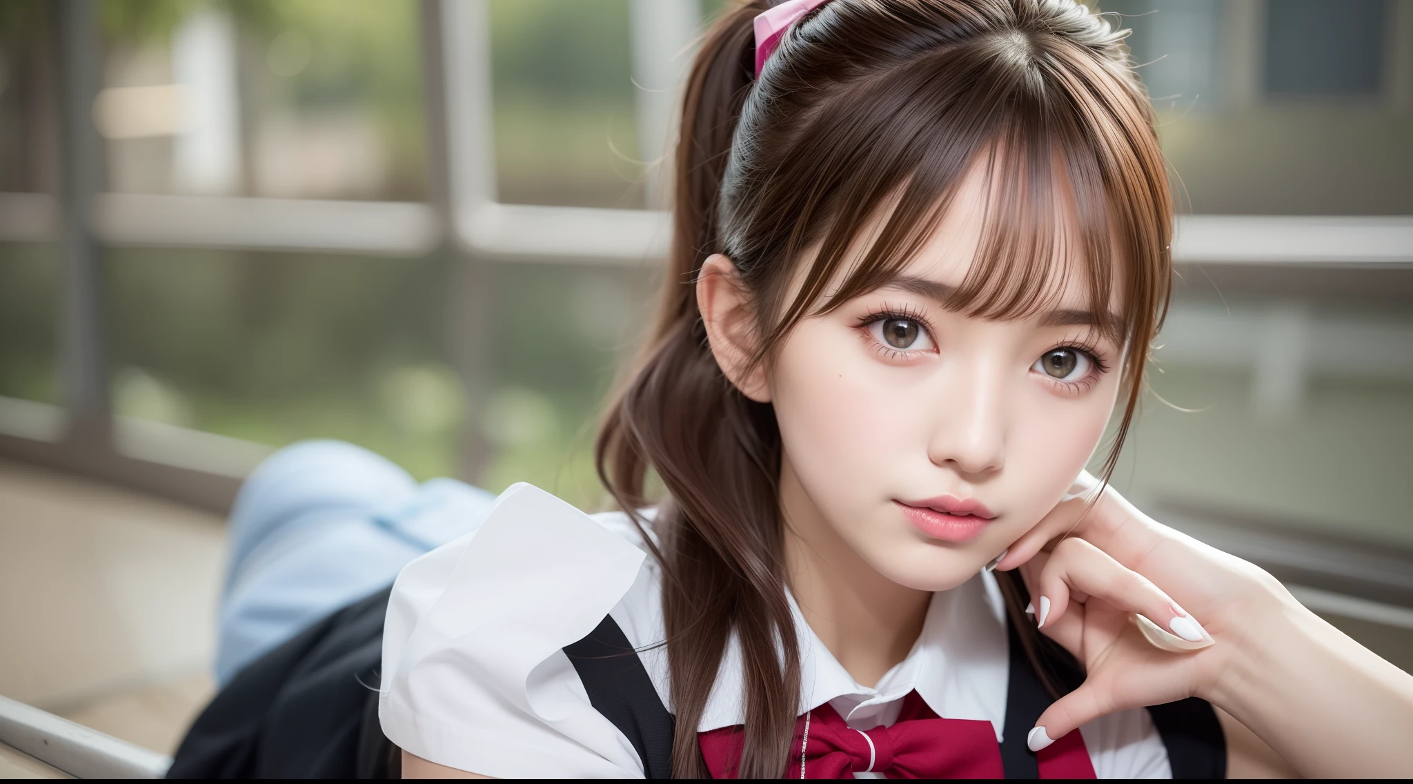 best quality, realistic, photorealistic, extremly detailed, an extremely delicate and beautiful, RAW photo,
full body, a 27 years old woman, (cute, ribbon, black iris, school setting:1.3), brown hair, brown eyes, smaller head, fashion girl, beautiful eyes, small breast,real face, real skin, realistic face, realistic skin, detailed eyes, detailed facial features,
detailed clothes features, (school uniform:1.3), (shoulder length ponytail: 1.3)
dynamic poses, looking at viewer, detailed face and breast,
(pureerosface_v1:0.33), (ulzzang-6500:0.33),