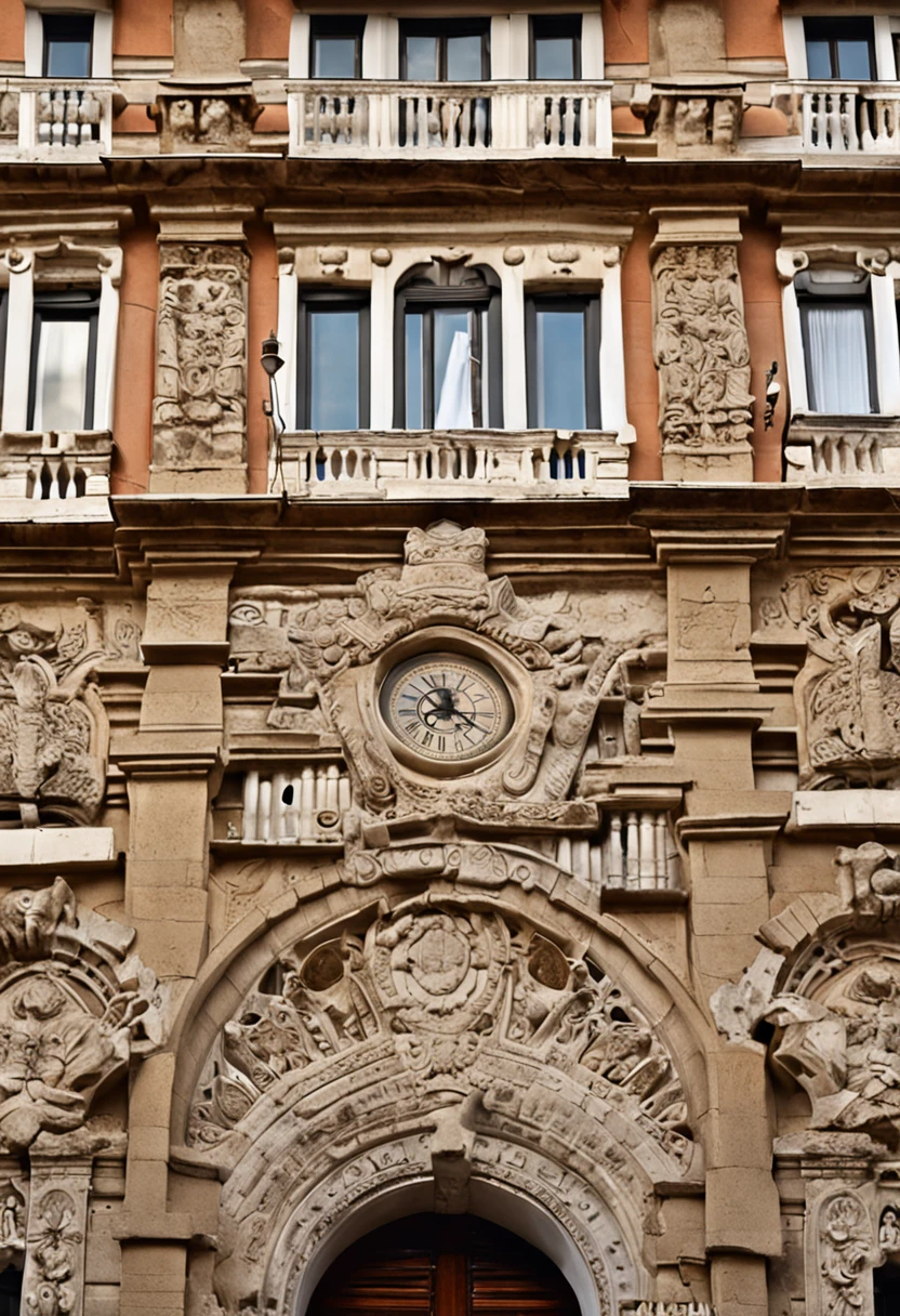 Hay un reloj en el costado de un edificio de ladrillo, Highly detailed stonework, On the balcony of the Palace, Detailed classical architecture, Arquitectura altamente detallada, Estilo romano antiguo, Arquitectura detallada, Fachada de piedra, Architectural detail, Estilo Art Deco Medieval, Un edificio extremadamente detallado, Renderizado intrincado detallado, Arquitectura romana surrealista, Arquitectura ornamentada, mediterranean architecture, Estilo clasicismo