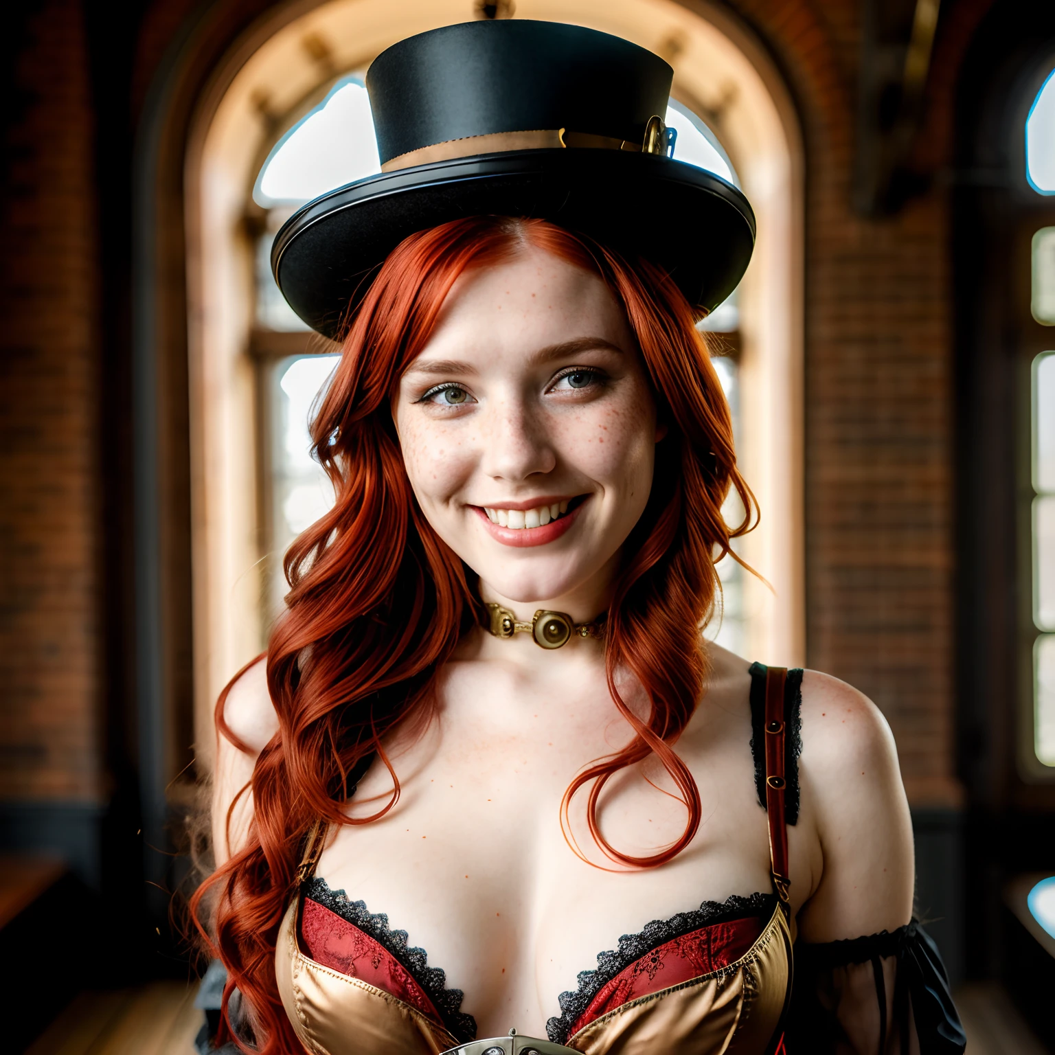 (one-1-person:1.2), beautiful steampunk lady, freckles, (red hair),(steampunk lingerie), steampunk top hat, steampunk googles, big smile, dark makeup, hyperdetailed photography, soft light, head and shoulders portrait, cover
