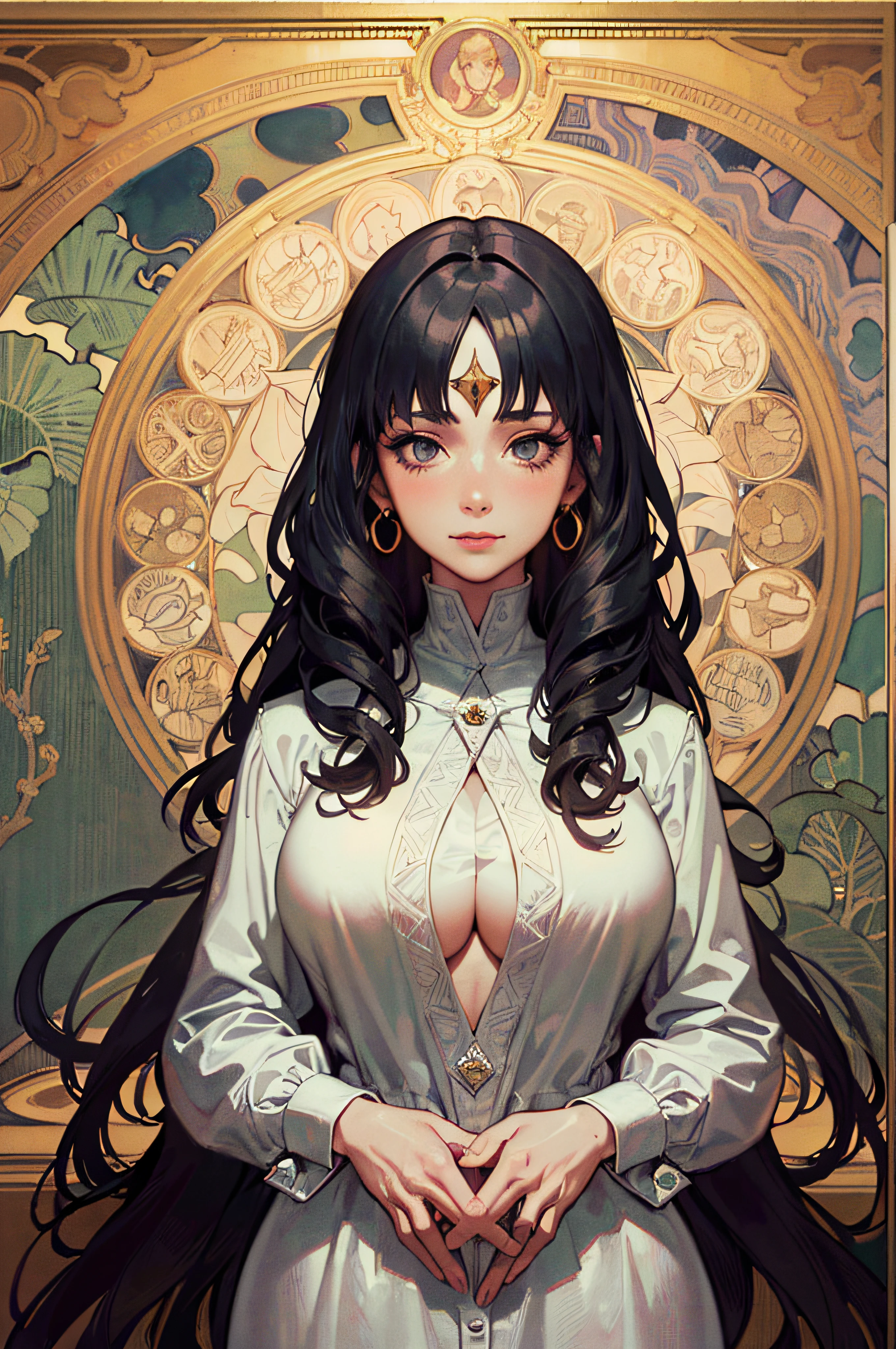 face portrait of a witch female , long curly hair, black, floral frame, Decorative panels, abstract
artistic, by Alphonse Mucha
(Masterpiece, Best Quality, Highres:1.4), Detailed, Intricate Details, 4K, color splashes, line art, fibonacci, sexy, curvy, milf, boobs,, tits