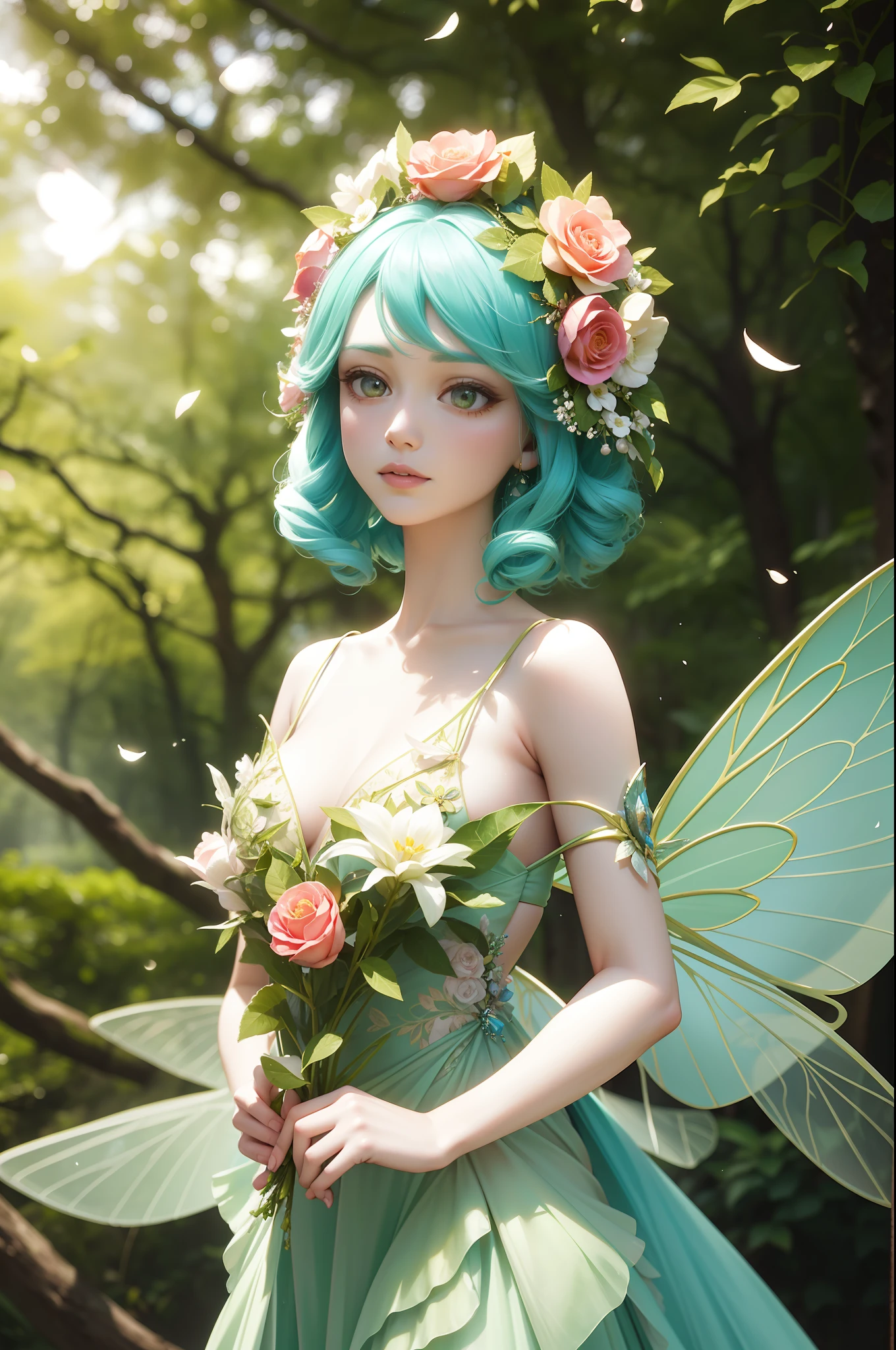 a floral fairy as the central at a whimsical woodland scene where vibrant blooms and lush greenery create a magical backdrop. The floral fairy, a delicate and ethereal being, hovers gracefully amidst the flowers, her gossamer wings shimmering in the dappled sunlight. She wears a gown woven from petals and leaves, adorned with intricate floral patterns that mirror her surroundings.