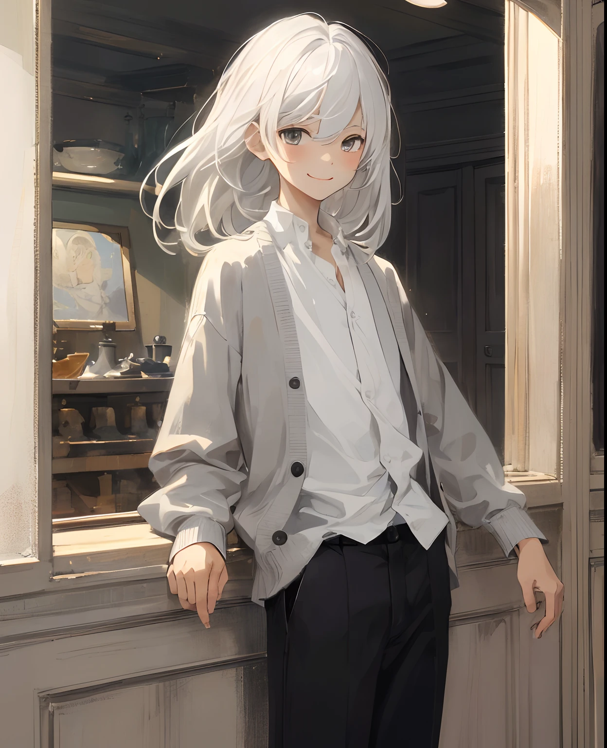 (masterpiece、top-quality、hightquality)、1 juvenile、15 year old boy、(a smile))Look at viewers、white hair、Straight Hair Medium、fluffy hair、Gray-eyed、White shirt、cardigan、Black pants、dynamic ungle