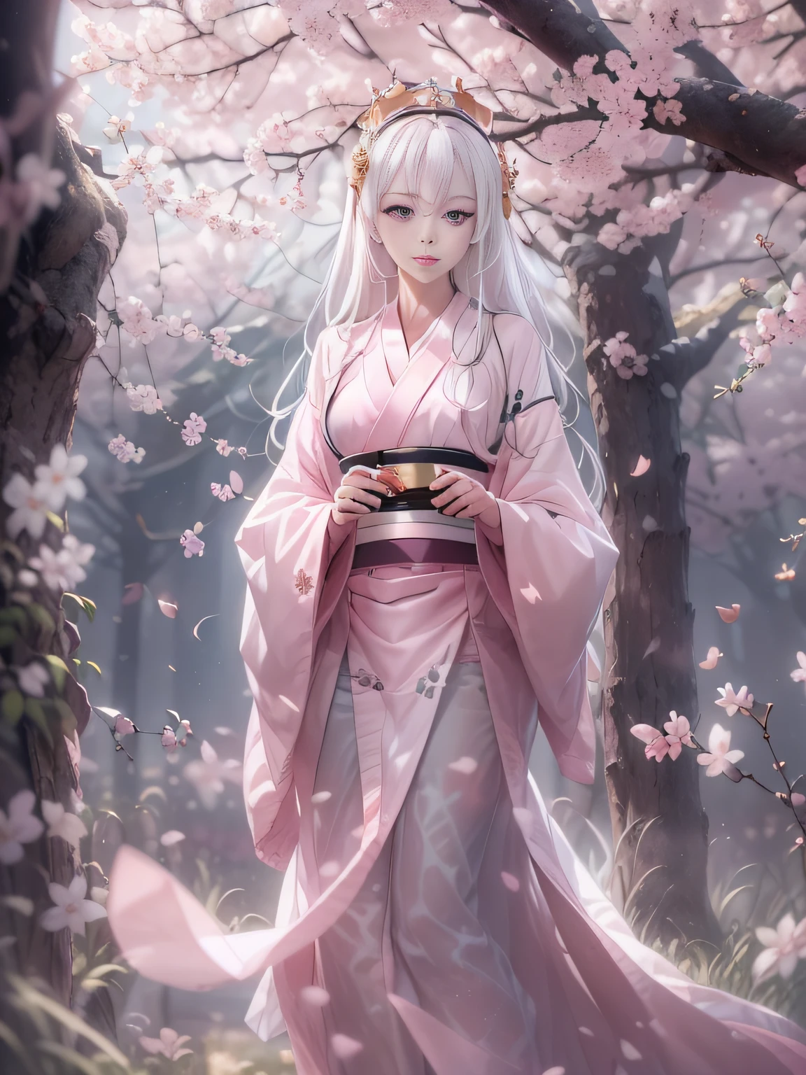 Super beautiful photo，Woman with long hair and a cherry crown on her head, ((Pink eyes:1.7))，covering ears，Beautiful anime girl, beautiful anime woman, beautiful anime style, Beautiful Anime Portrait, ethereal beauty, Beautiful anime, guweiz, ((a beautiful fantasy empress)), Beautiful attractive woman, anime goddess, A beautiful maiden, artwork in the style of guweiz、(Plain and white kimono:1.4)，(White attire:1.4),Pink gradient color from the hem to the top of the kimono，Woman standing under old cherry blossoms in full bloom，Mysterious Woman,mystic atmosphere，(small tits),((Whitehair:1.5)),The effect of scattered cherry blossom petals:1.7，Cool light color lighting，Pale pink light illuminates from behind，The beauty of cherry blossoms at night，moon light,Effects of fantasy movies,Ethereal cherry blossoms，