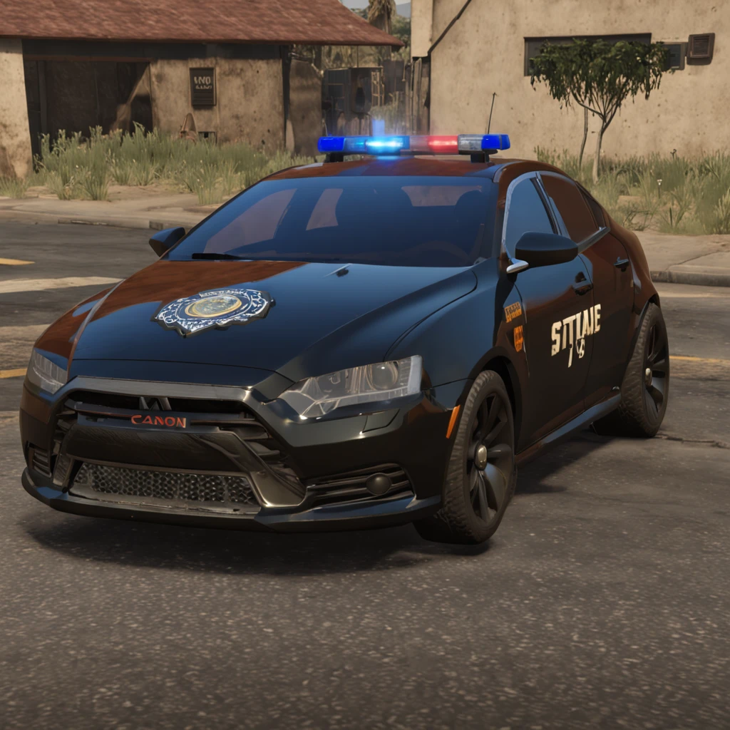 crie um policial do lado de um carro no estilo de gta 5 criado com um design de cartonn