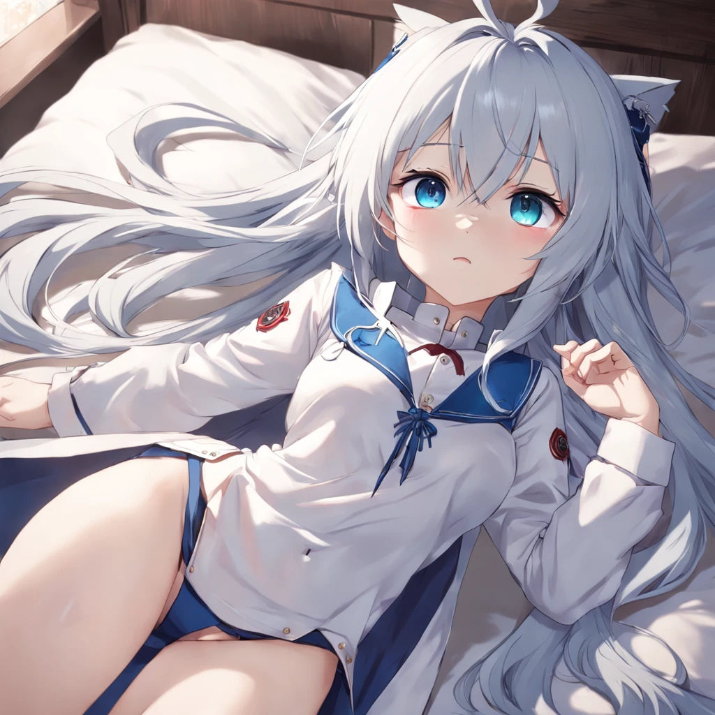 Anime girl lying on bed,Blue eyes and long hair, an anime drawing by Shitao, Pisif, conceptual art, seductive anime girls, Highest rated on Pisif, Smooth anime CG art, relaxed poses, Pisif 3DCG, Lie down in bed, white-haired god, Popular on Pixiv, at pixiv, azur lane style