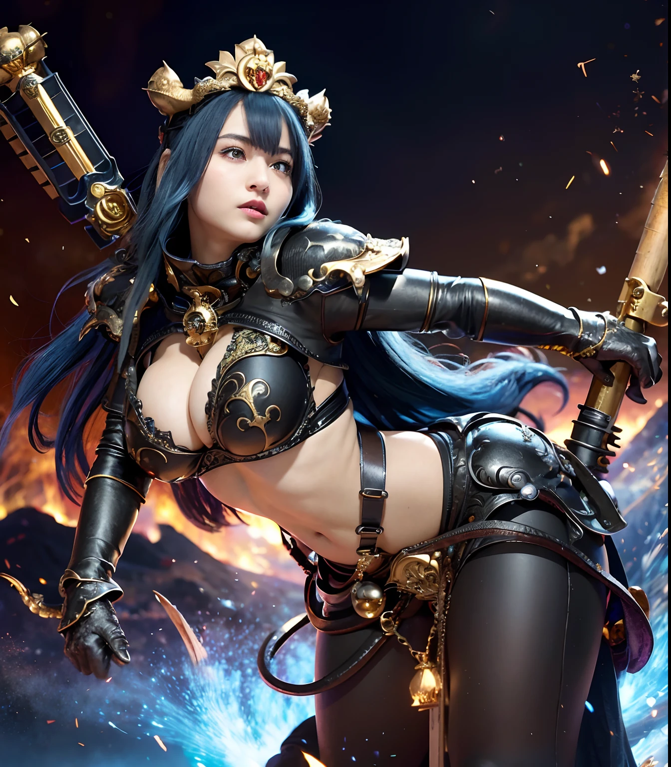 (masutepiece), Professional , masterpiece、top-quality、photos realistic , depth of fields (Gemstone Black Metal Body:1.9),(Matte Black、(cleavage of the breast)、Dragon Gold Weapon(Dragon Metal Body:1.4),Gorgeous Silver Weapons ,(( Dragon's dense and gorgeous sword)) , Beautiful knife ,warhammer 40k , adepta sororitas,Detail and gorgeous crown、((Blue hair))、(Castle background)、The dragon、((Gangle's forest background))、Beautiful Caucasian beauty、(1a person)、dynamic ungle,(((Detailed and ornate Black Devil Crown)))、Smaller head、A smile、Castle background、Thin and beautiful female hands、cleavage of the breast、Soldier in iron armor on background、Mystical expression、Light Effects、intense fighting、Wind-effect、magic circles、With the legendary magic wand、(demonic wings)、(Blue hair)、