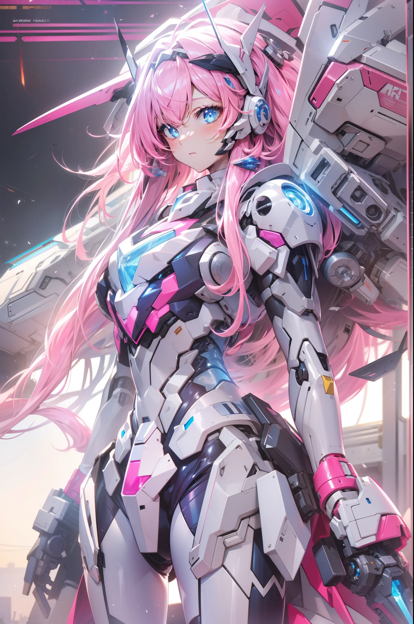 (8K、HighestQuali、tmasterpiece:1.2),hyper HD, retinas, Anatomically correct, Textured skin, Super detail, Best quality, A high resolution、Hyper-detailing,Solo,1 girl,full bodyesbian,mecha-girl,(pink hair),blue eyes,(shiny pupils), girl,lady,medium breasts,white skin,{Mecha parts,Mecha tights,Mecha antenna},high high quality,tmasterpiece,Delicate facial features,Delicate hair,Delicate eyes,Delicate hair,A high resolution,beautifuldetails,Excellent human anatomy