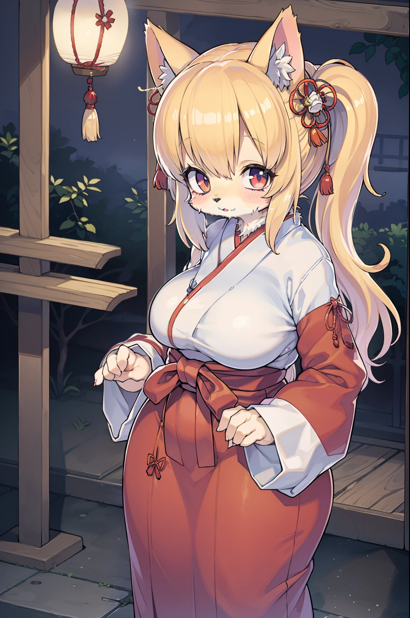 Cat lady、body covered with fur、huge-breasted、kawaii、shrine maiden、japanese white clothes,red hakama
