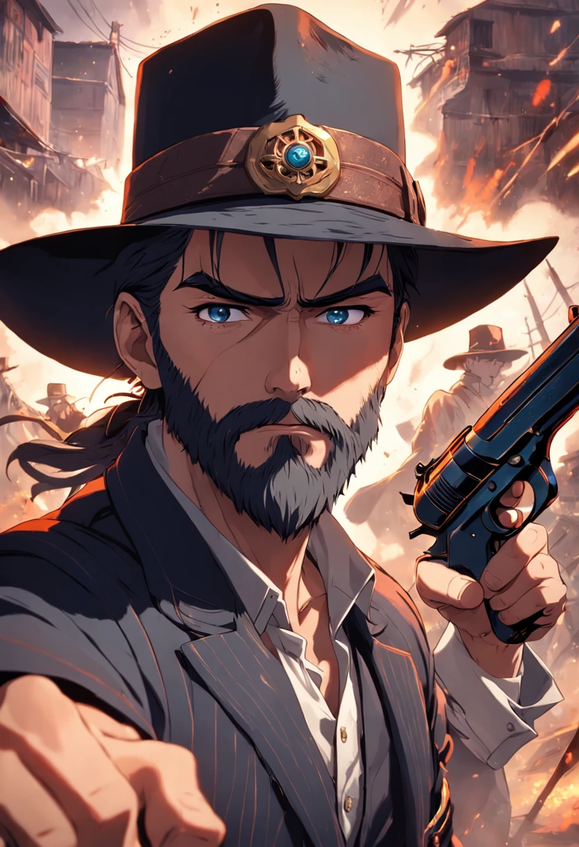 Bearded gunslinger wearing hat deep in eyes confronting enemies