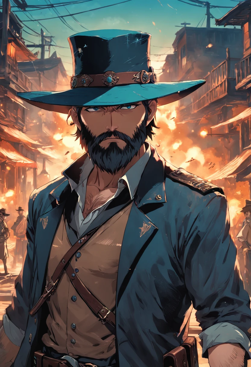 A man in a hat and jacket standing in front of a city - SeaArt AI