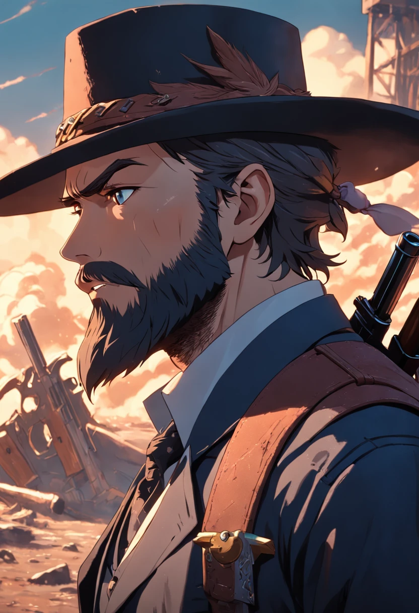 Bearded gunslinger wearing hat deep in eyes confronting enemies