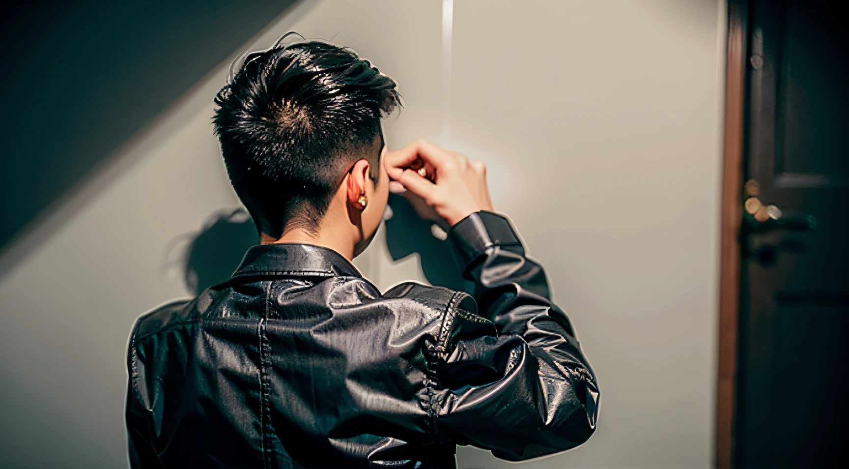 best qualtiy,Heads-up,A half body,Back shadow,Boy student,Black hair,Background secondary school