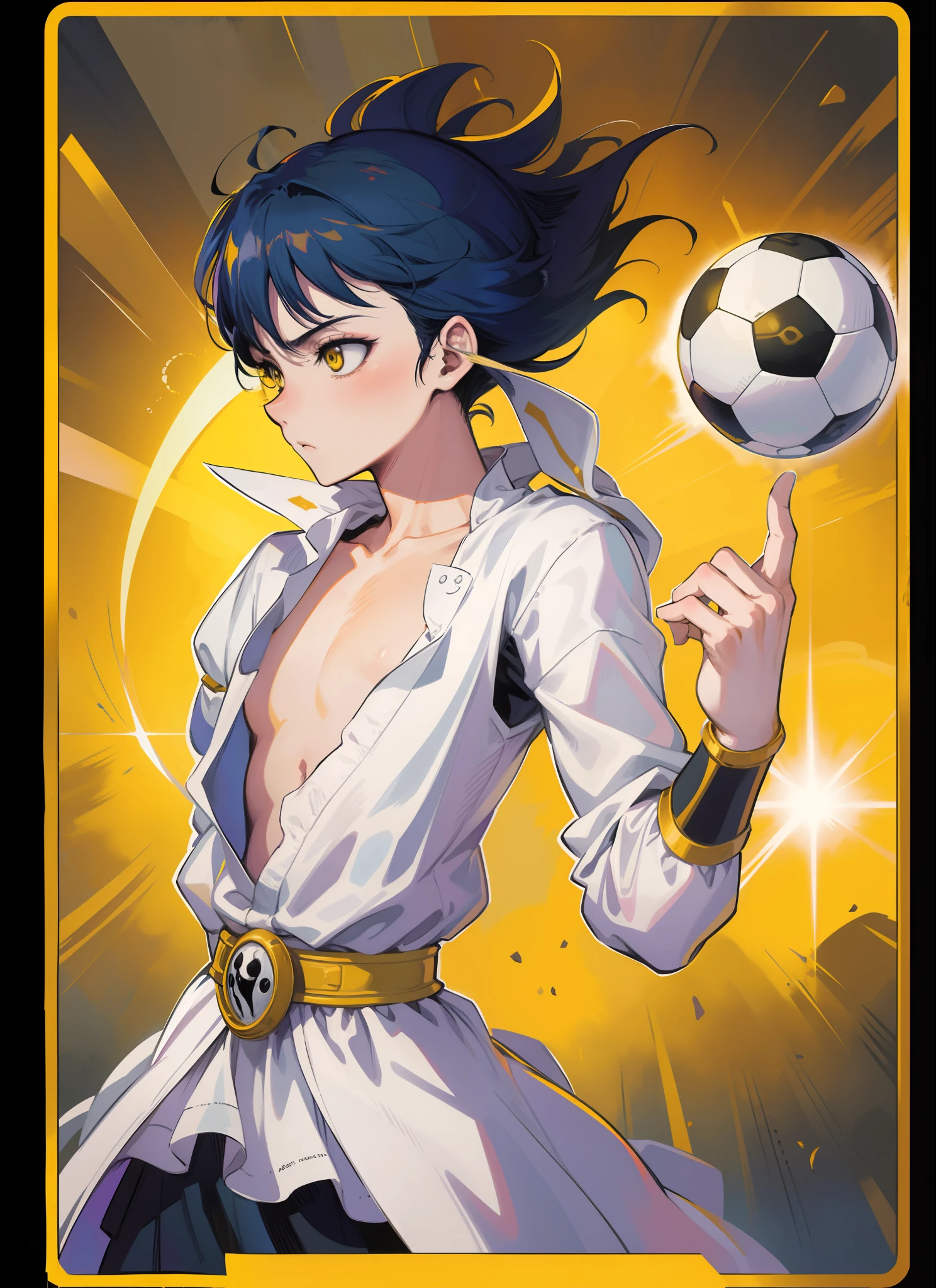 Anime character with soccer ball in hand and yellow background, Kentaro Miura estilo de arte, Arte Oficial, kentaro miura manga art style, arte oficial, fanart oficial, arte oficial do anime, Gatilho Estilo de Arte de Anime, portrait knights of zodiac girl, arte oficial altamente detalhada, estilo anime premiado, kentaro miura manga style, striking manga artstyle