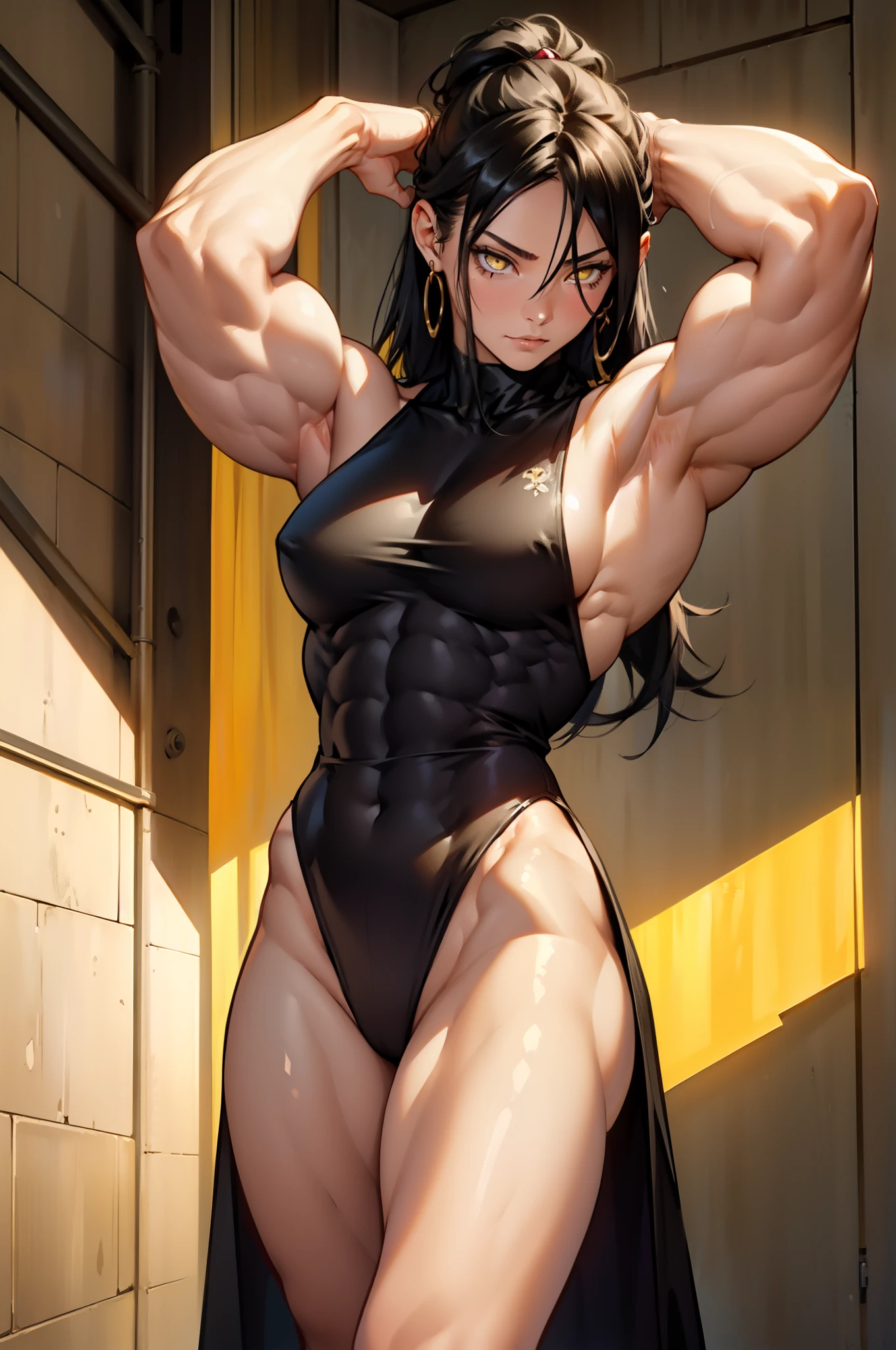 (((((1 girl))))), black hair, yellow eyes, very long hair, ((((((muscular)))))), tall, pale skin, tight dress, (solo), leotard, arms over head