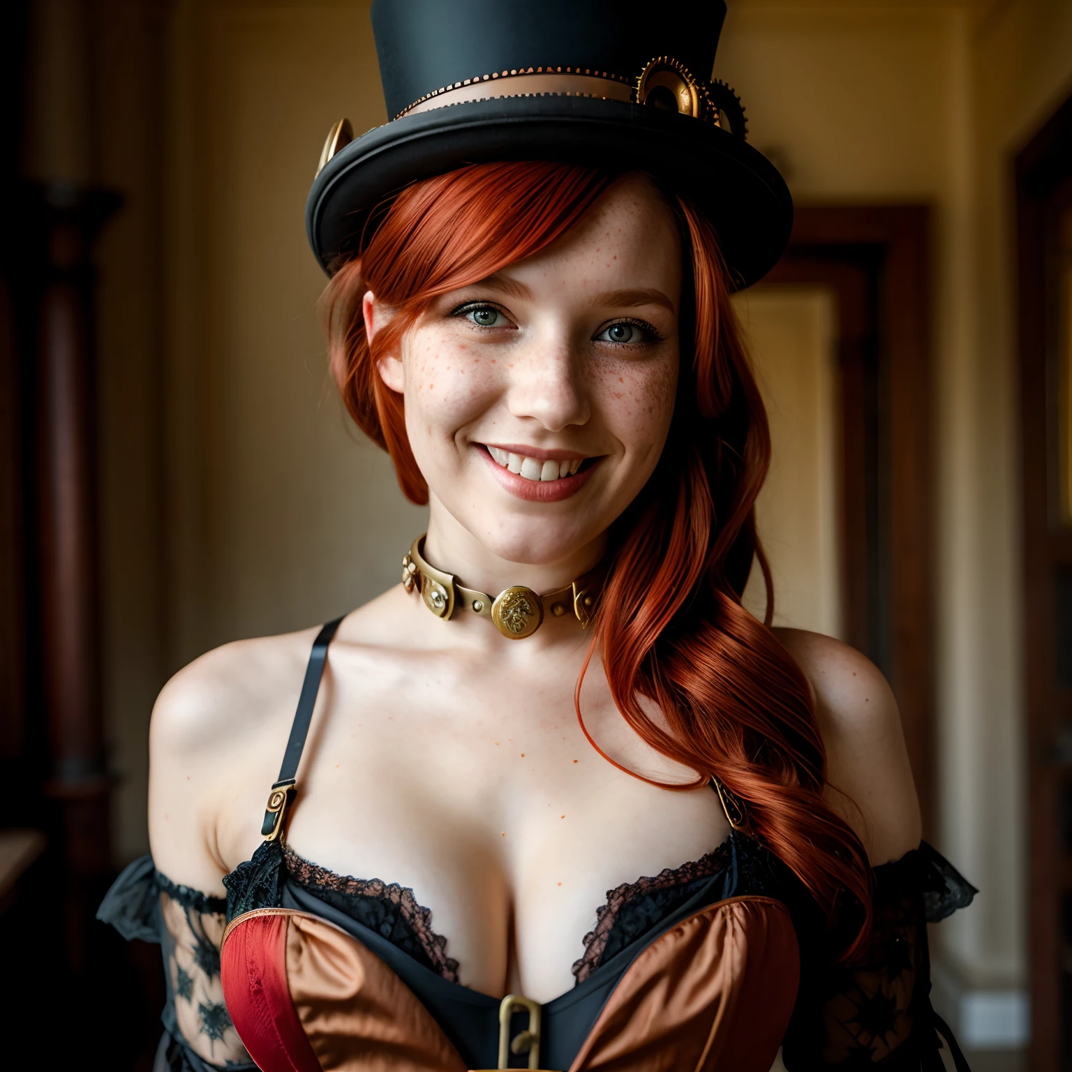 (one-1-person:1.2), beautiful steampunk lady, freckles, (red hair),(steampunk lingerie), steampunk top hat, steampunk googles, big smile, dark makeup, hyperdetailed photography, soft light, head and shoulders portrait, cover
