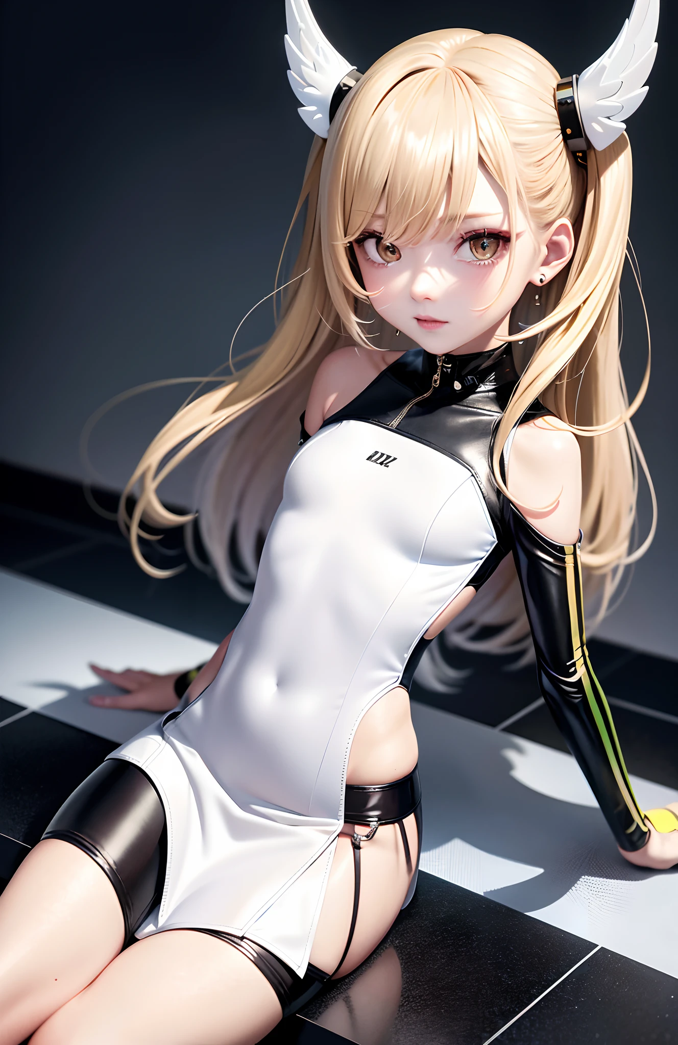 optimum,tmasterpiece,A high resolution,best qualtiy,hyper HD,super detailing,Award-Awarded,16k,独奏,((The upper part of the body)),((Bust)),anatomy correct,Beautiful cyberpunk girl,cute face,,Gradient Beige Hair,Hairline,((Scarlet eyes)),long eyelasher,Hanging eye corners,White skin of the,(small boobs),(Slim body),((Women's extra short shawl leather jacket)),((racing_suit)),((High-Low_long skirt)),ear studs,(Neck strap),(Laser material clothing:1.2)