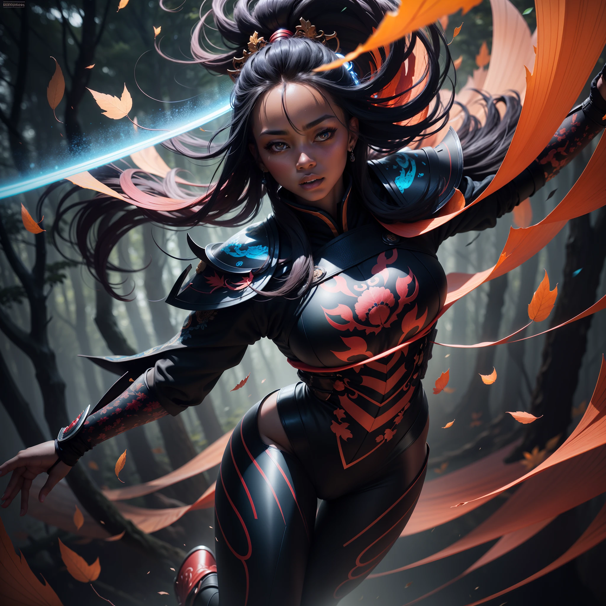 a full body shot of a beautiful black samurai woman is flying through the air in a forest with falling leaves, forest lit by blue and red light, afrofuturistic, with iridescent light, highly detailed images, vibrant beautiful colours, photorealistic image, 8k, ultra HD, unreal engine rendered, cinematic lighting, artgerm style,