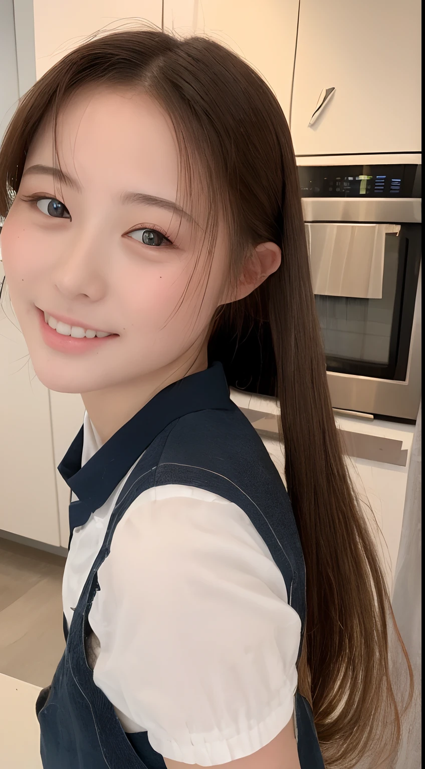 (top-quality、8K、​masterpiece:1.3)、Beautiful Women in Perfect Figure:1.4、dark brown hair、Wearing a pendant on school uniform、Wearing an apron、in a kitchen、extremely detailed face and skin、A detailed eye、A smile、Ponytail hair