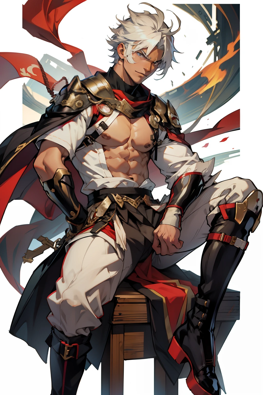 Highest image quality，male people，，1 boy，Young and handsome，shoun，White color hair，Short flat top hair，Dark  skin，anime big breast，anime wallpaper，Solo，malefocus，Briefs，Dilation of the pectoral muscles，Red cape，Bulging crotch，Urban background，spread their legs，Sexy,(Masterpiece, Best quality),Long white socks，Red Martin boots，