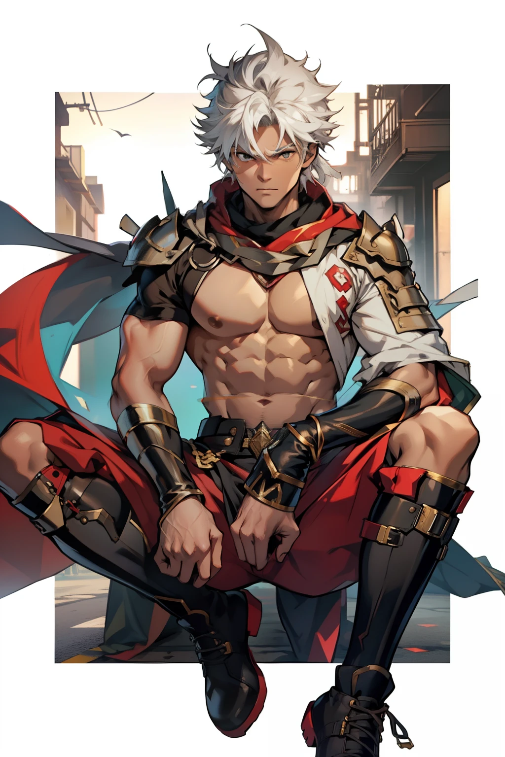 Highest image quality，male people，，1 boy，Young and handsome，shoun，White color hair，Short flat top hair，Dark  skin，anime big breast，anime wallpaper，Solo，malefocus，Briefs，Dilation of the pectoral muscles，Red cape，Bulging crotch，Urban background，spread their legs，Sexy,(Masterpiece, Best quality),Long white socks，Red Martin boots，