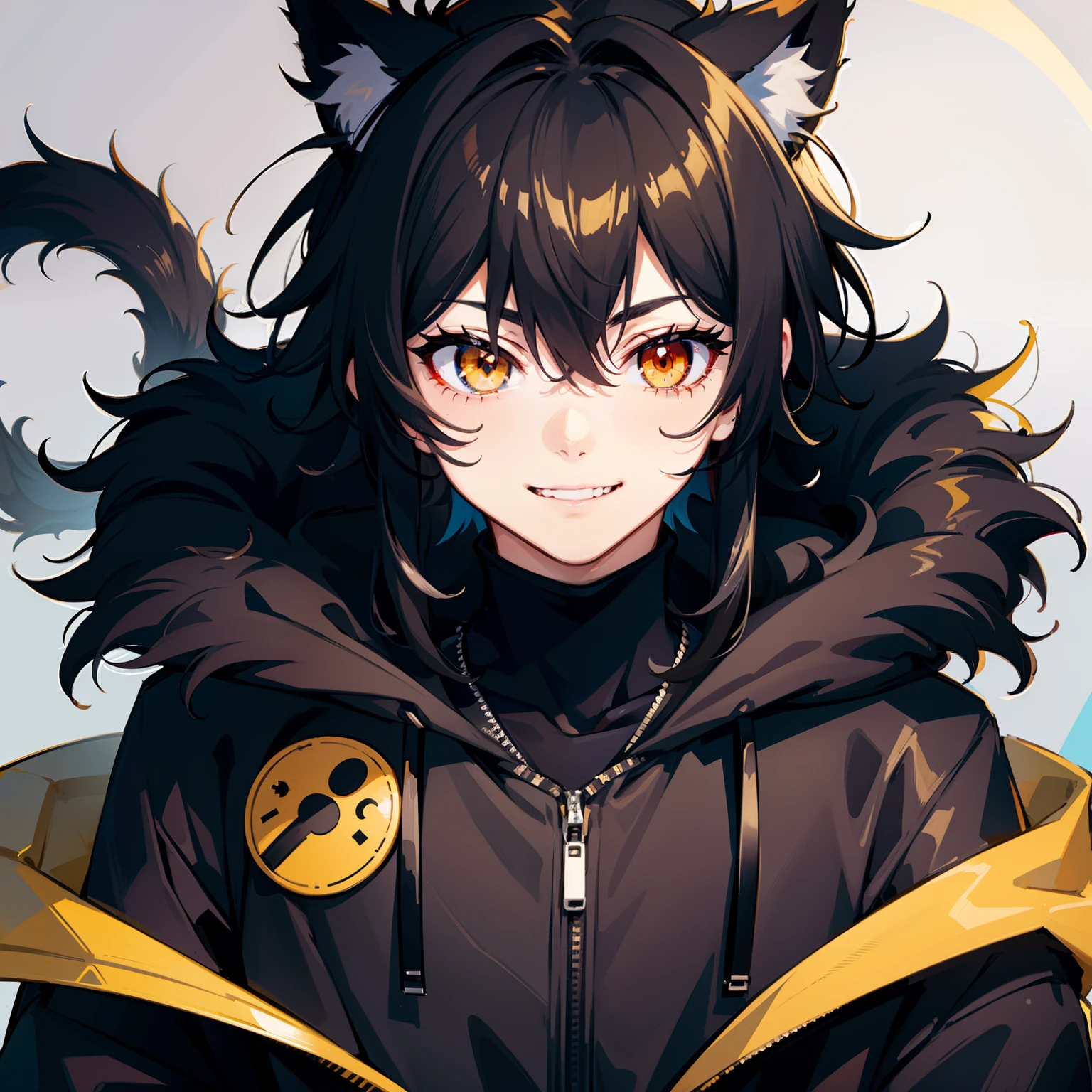 ultra detailed, best quality, finely detail, anime boy, neko, 1 boy, male, black hair, medium hair, messy spiky hair, volumous messy hair, black fur jacket, black clothes, cat ears, animal ears, black feline tail, black shorts, smile, relaxed expression, happy smile, anime smile, hood around the neck extremely large, white eyes, yellow pupils, extremely detailed eyes, red nose