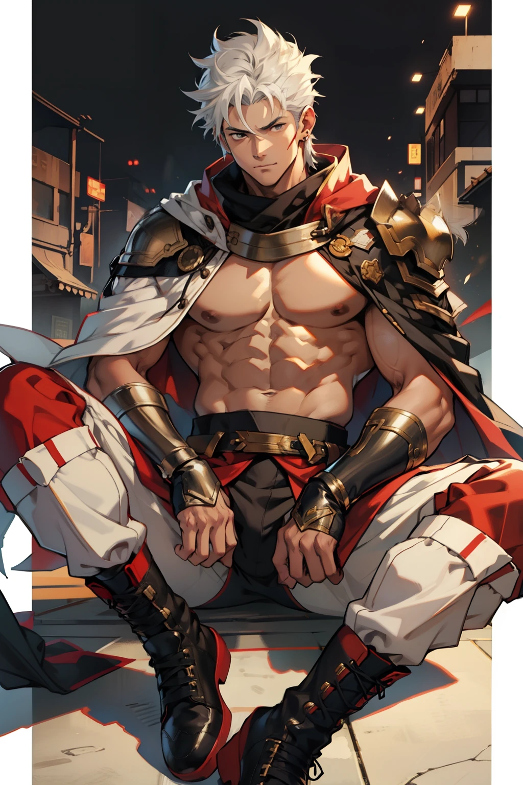 Highest image quality，male people，，1 boy，Young and handsome，shoun，White color hair，Short flat top hair，Dark  skin，anime big breast，anime wallpaper，Solo，malefocus，Briefs，Dilation of the pectoral muscles，Red cape，Bulging crotch，Urban background，spread their legs，Sexy,(Masterpiece, Best quality),Long white socks，Red Martin boots，