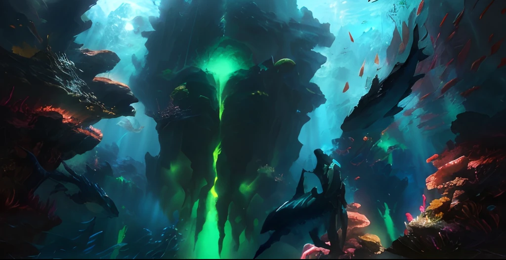 There was a man standing on a rock in the middle of the sea, high resolution concept art, environment concept art, Concept art wallpaper 4K, 4 K resolution concept art, award winning concept art, undersea environment, dramatic concept art, High quality digital concept art, high-quality concept art, Stunning! concept-art, Art fantastique grand angle