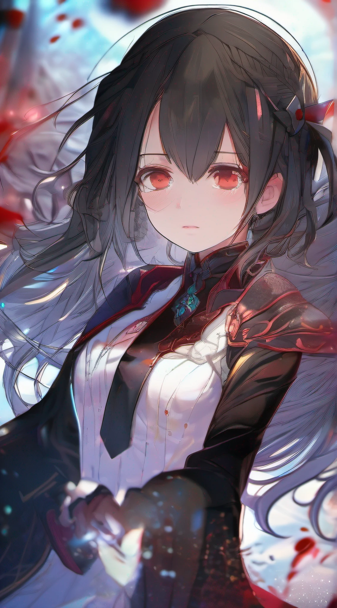 Masterpiece, Best quality, Ultra-detailed, Best shadow), (Detailed background,Dark fantasy), (Beautiful detailed face), High contrast, (Best illumination, An extremely delicate and beautiful), ((Cinematic light)), Colorful, Hyper-detailing, Dramaticlight, Intricate details, (1 girl, Solo,Black hair, sharpy face,Low Twin Tails,Red eyes, hair between eye,Dynamic Angle), blood spatter, swirling black light around character, Depth of field,Black light particles,(Broken glass),Magical Circle,